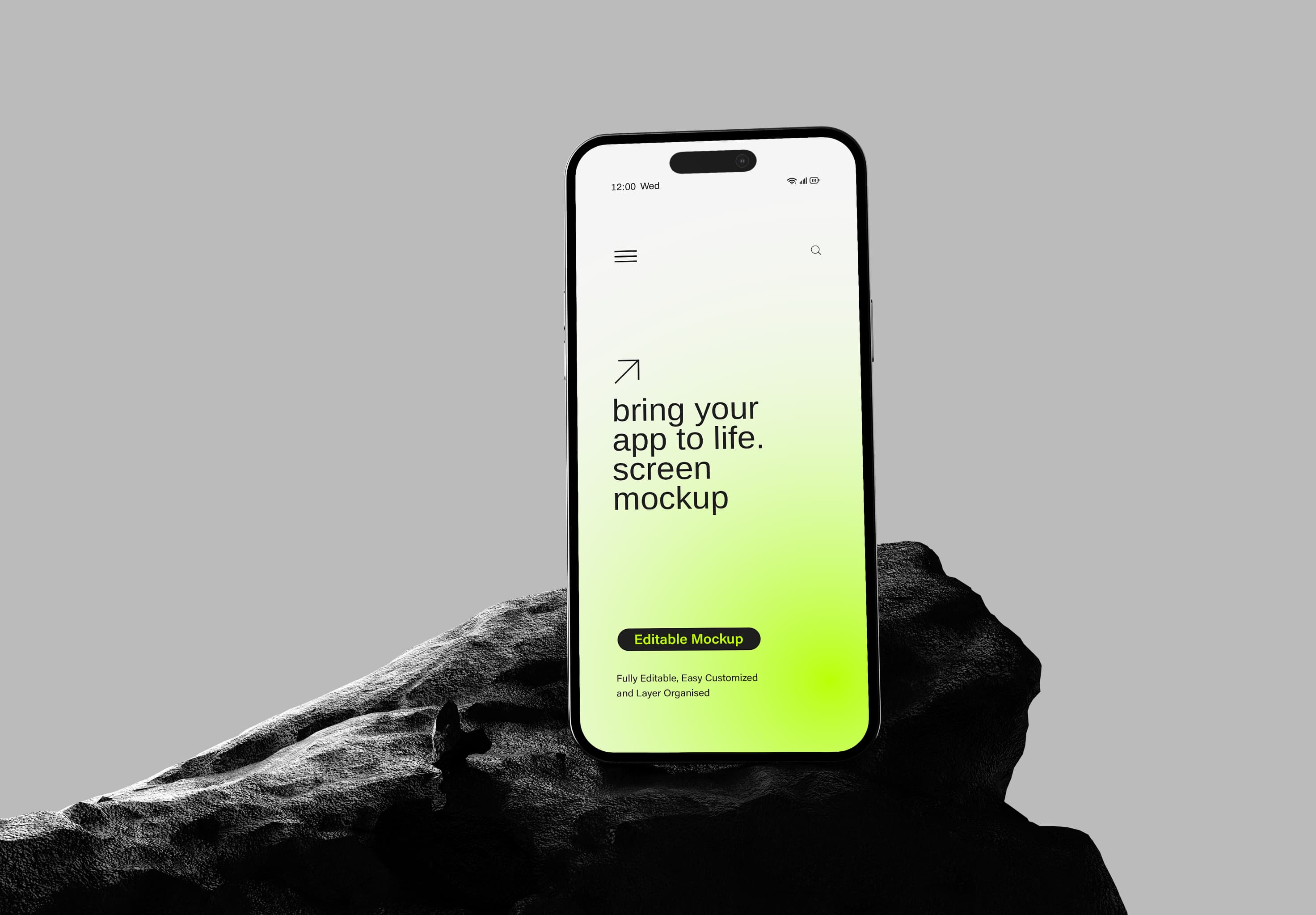 Bring Your App to Life – Mobile Screen Mockup with Gradient Glow & 3D Rock Base