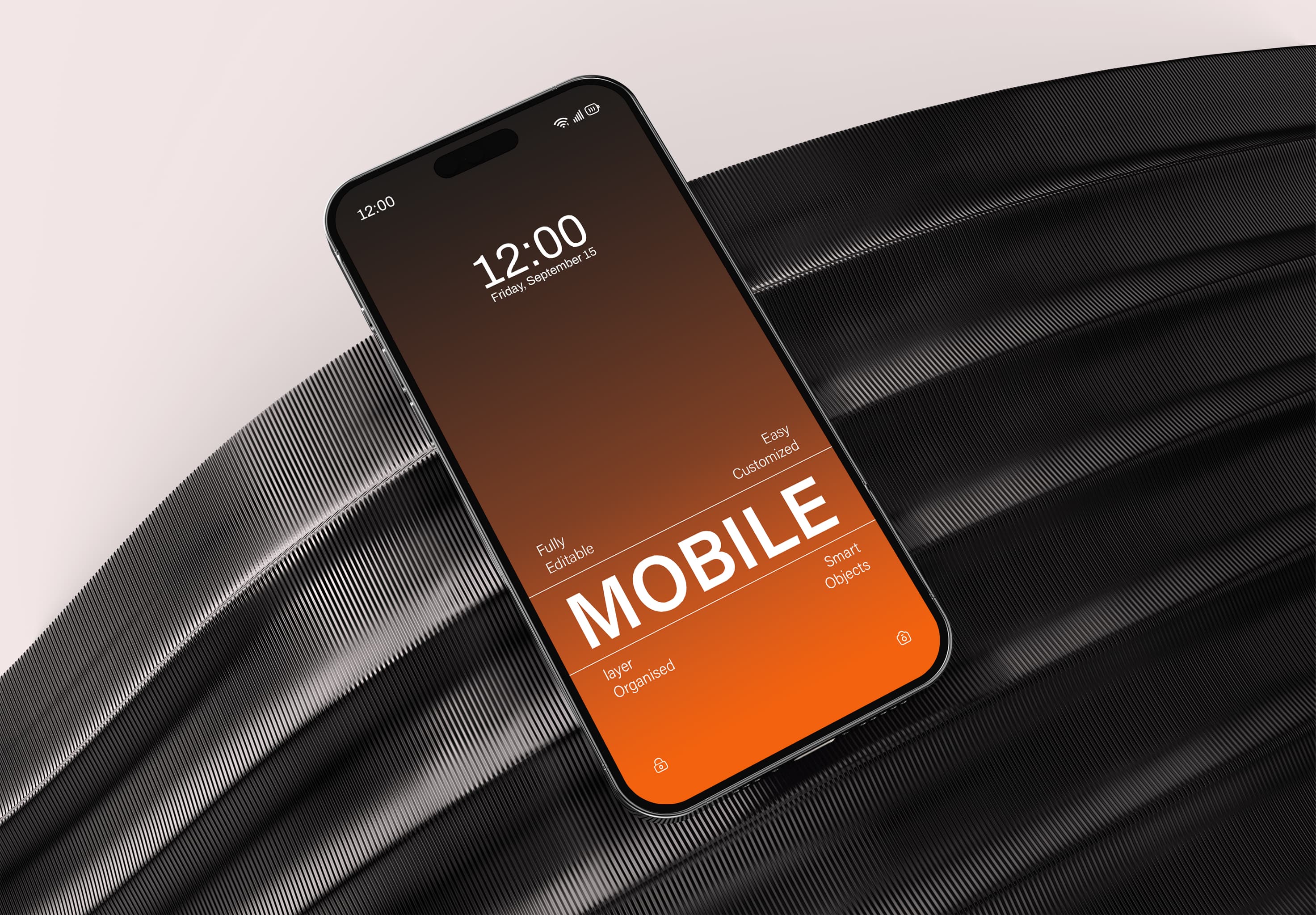 Mobile Mockup – iPhone on Black Ribbed Texture with Orange Gradient Editable PSD
