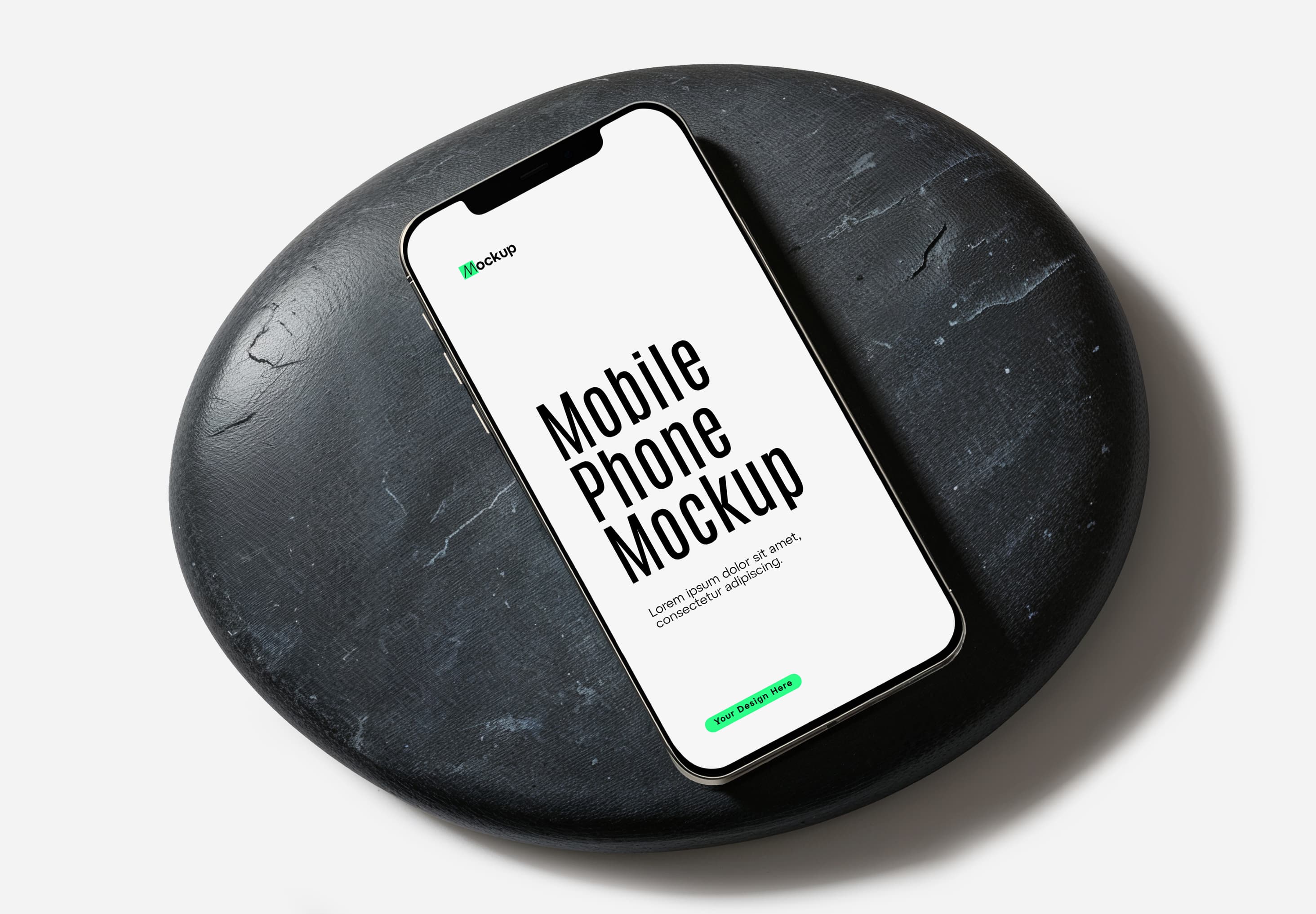 Free iPhone Mockup on Black Stone Surface