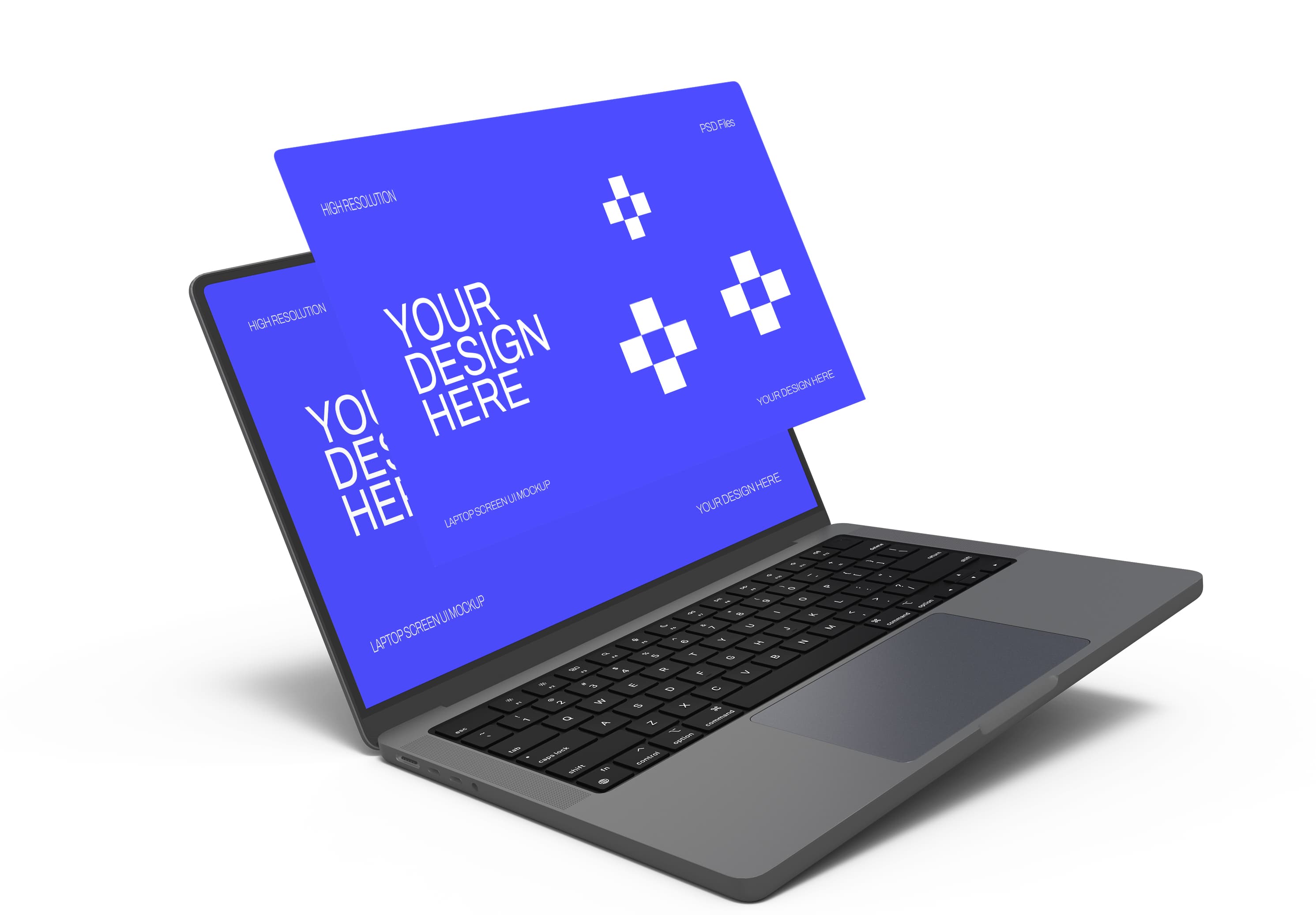 Laptop UI Mockup – Floating Blue Screen, Editable PSD