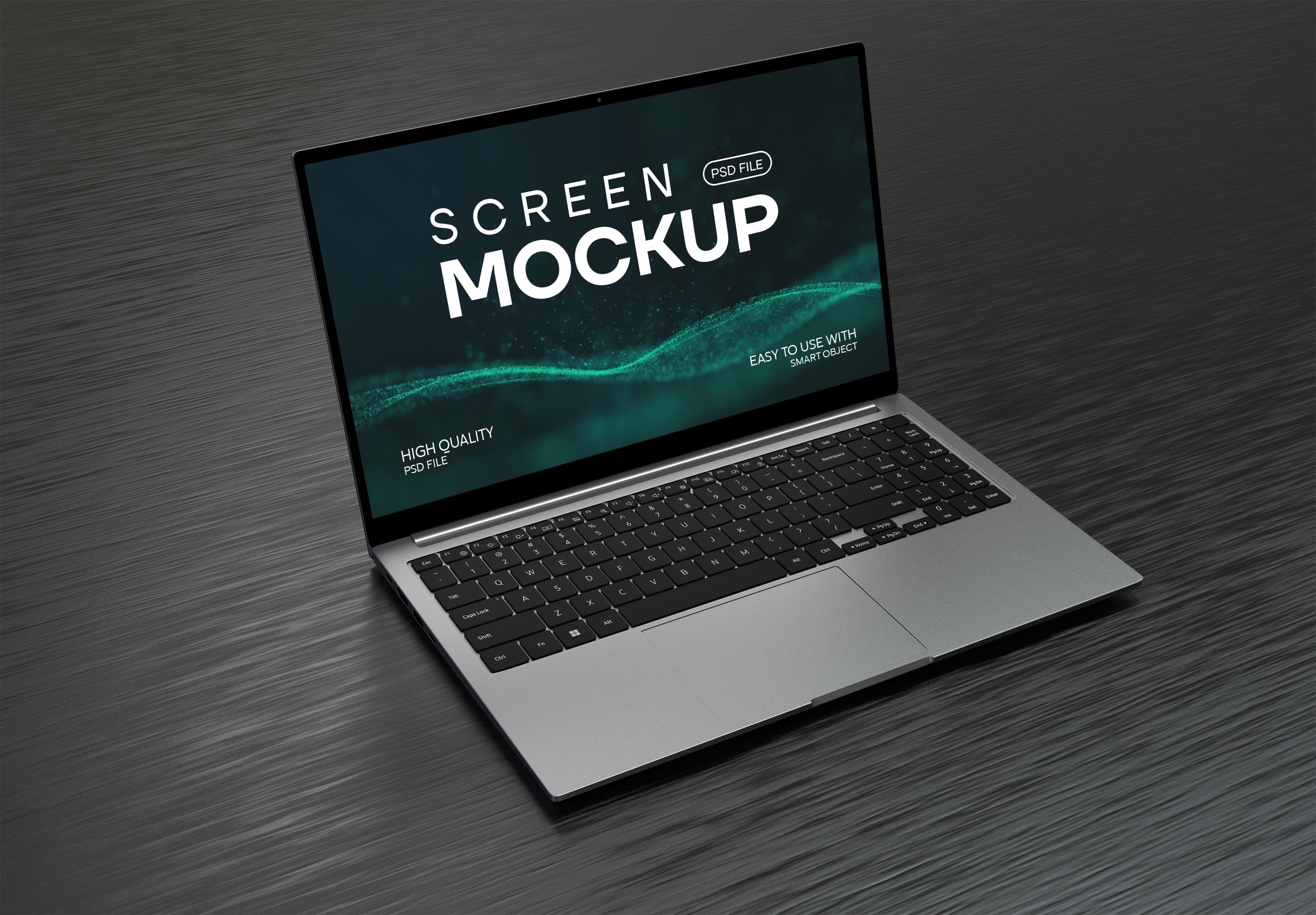 Laptop Screen Mockup – Dark Wood, Editable PSD