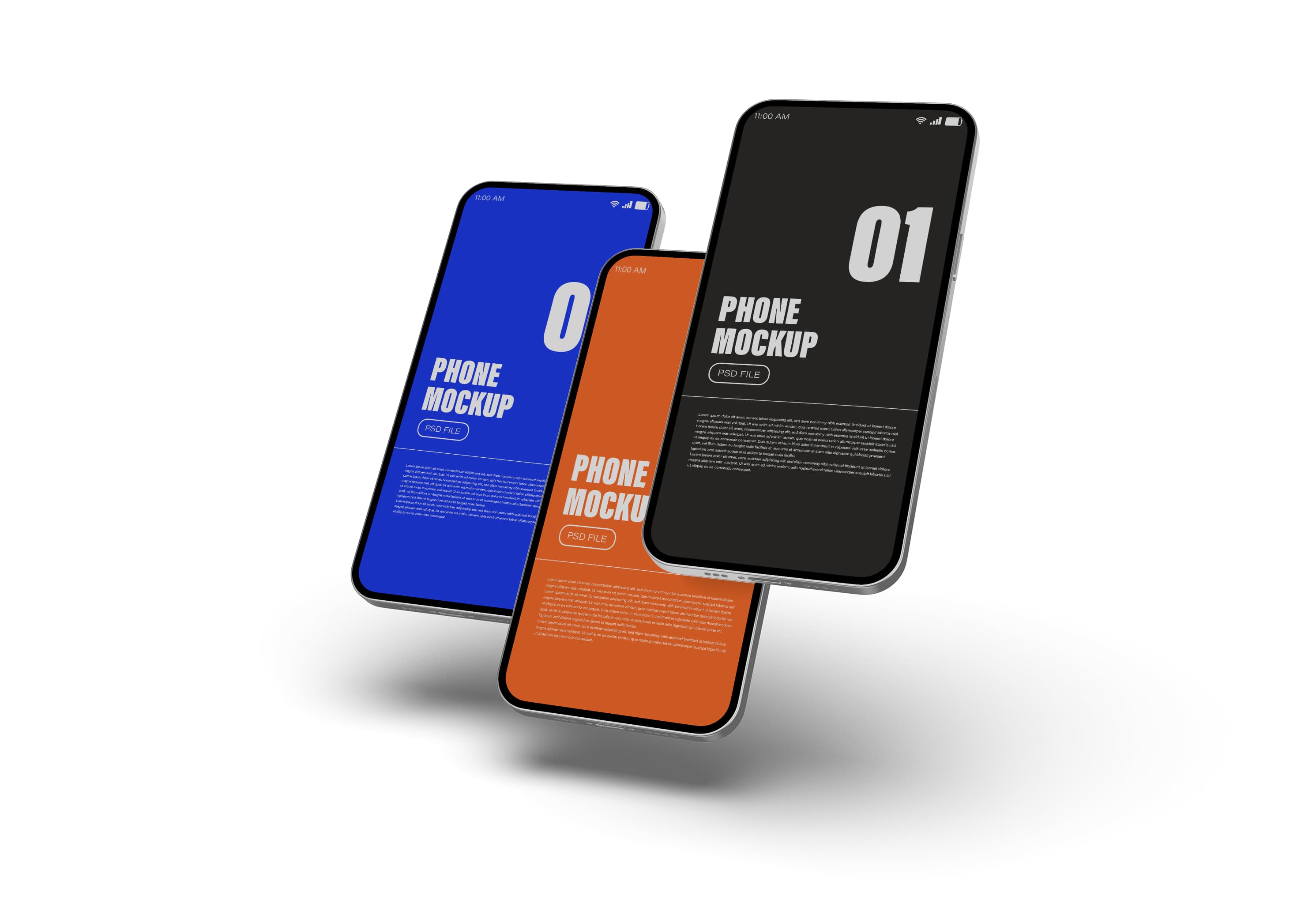 Triple Floating Phone Mockup – Blue, Orange & Black Screens for Dynamic UI/UX Presentations