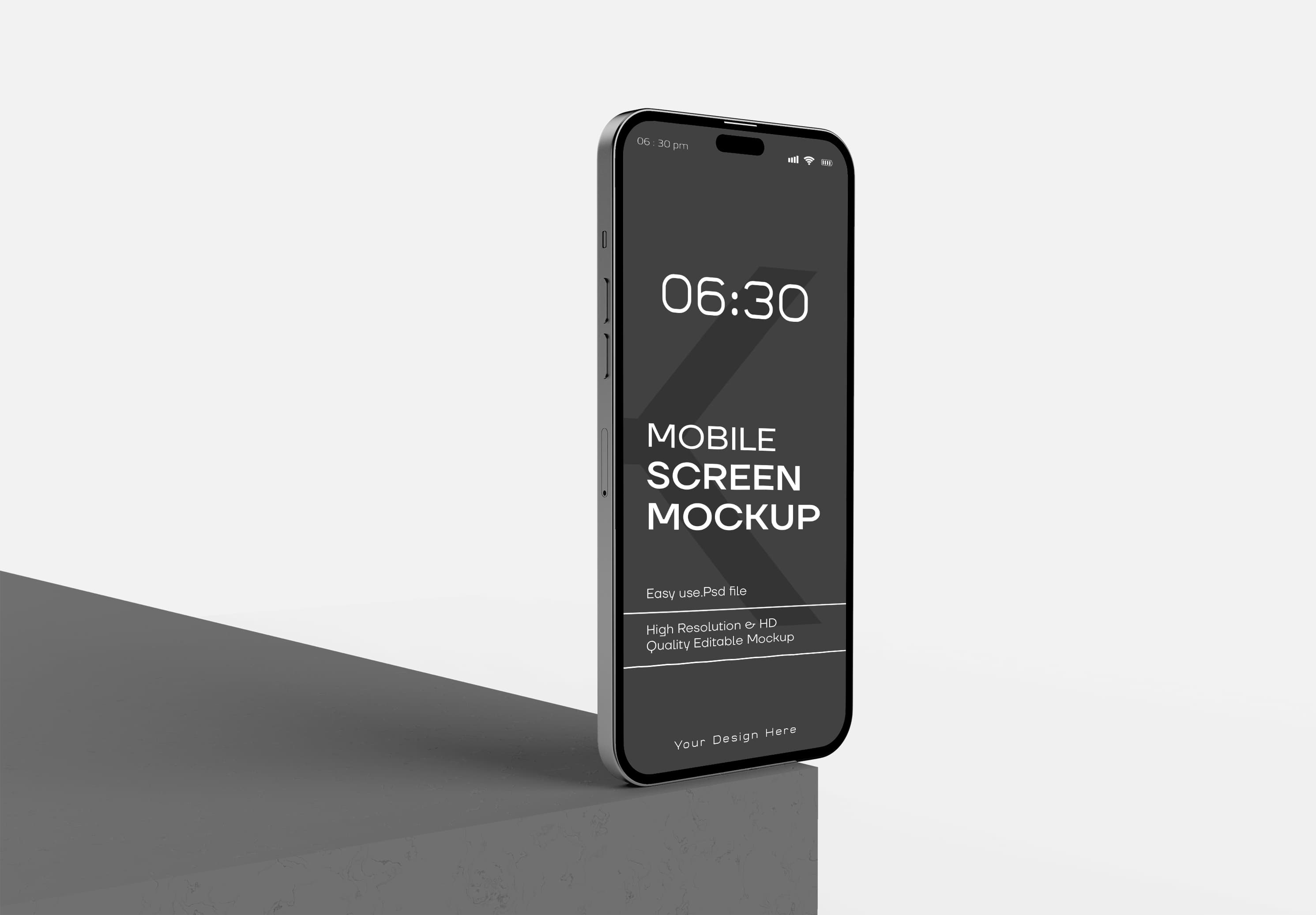 Minimalist Dark Mode Phone Mockup – High Quality Mobile Screen Presentation on Geometric Stand