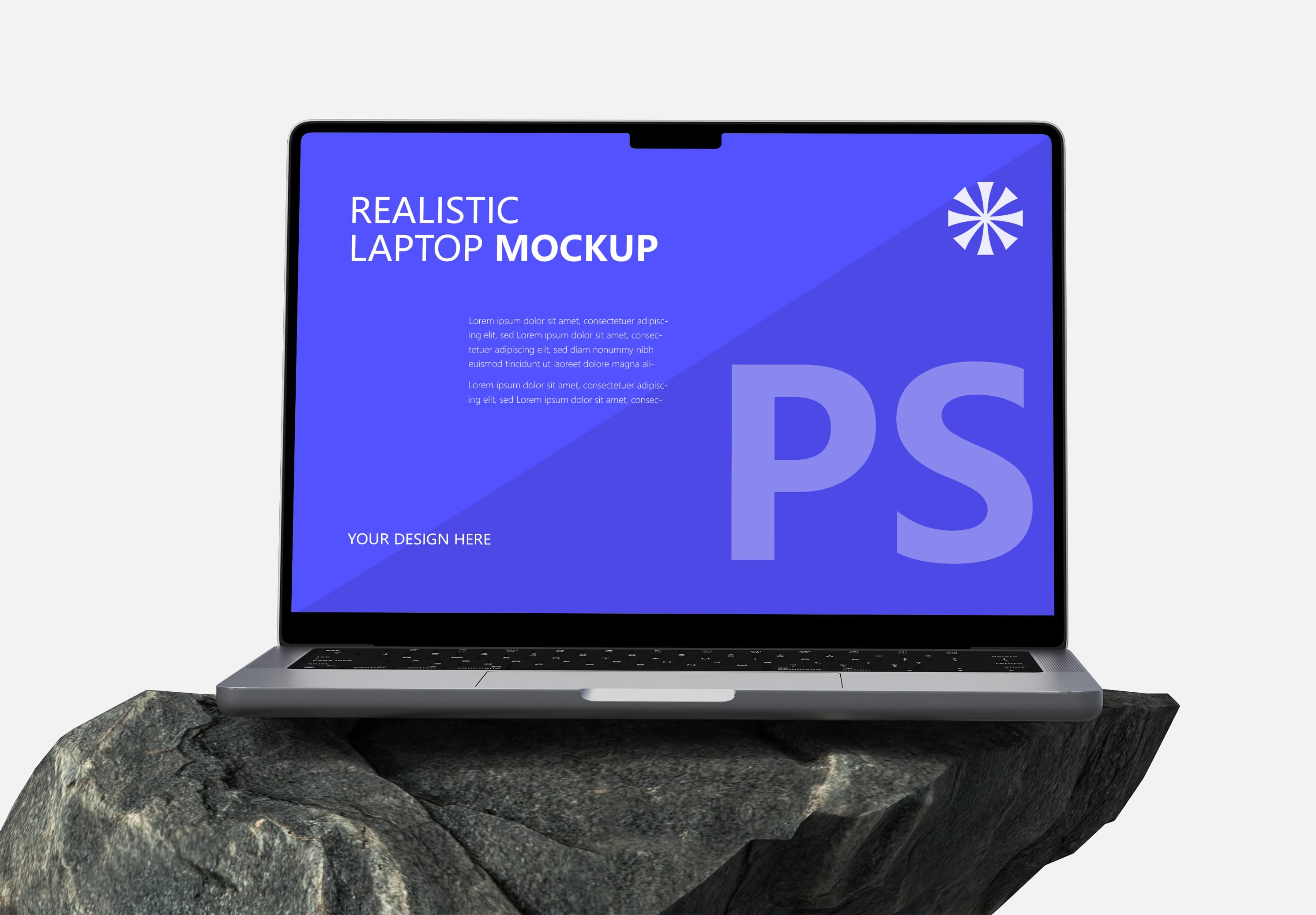 Realistic Laptop Mockup on Rock – High Quality Design Presentation for Bold Creatives & Brands