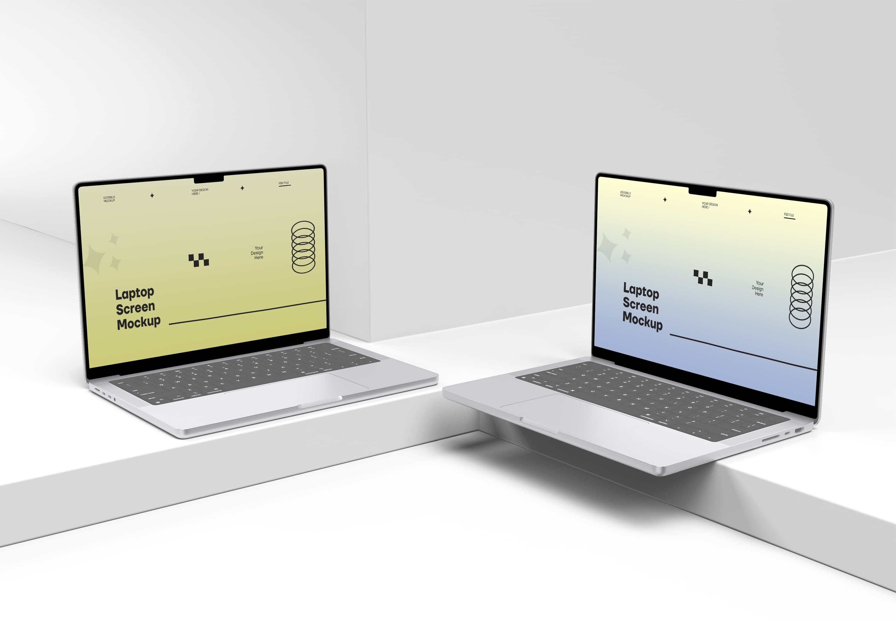 Dual Laptop Mockup on Geometric Shelves – Minimalist Presentation for Modern Designers & Brands
