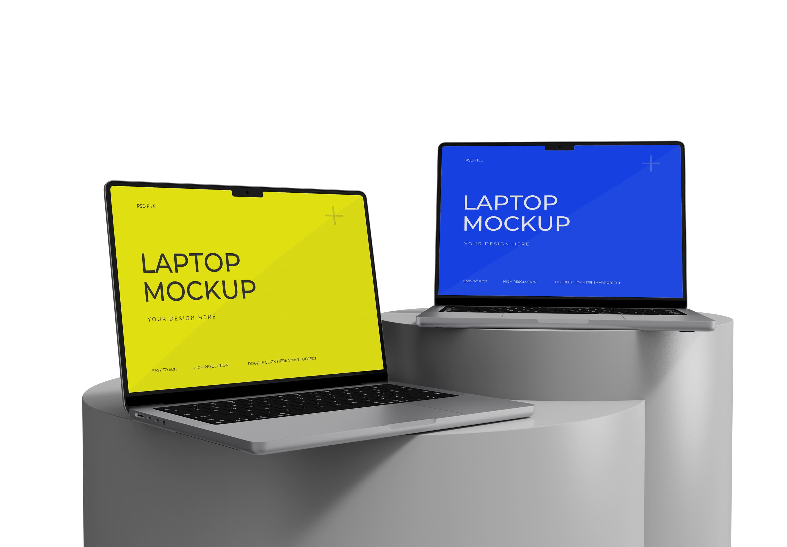 Dual MacBook Pro Mockup – Yellow & Blue Screen Presentation for UI/UX Designers & Brands