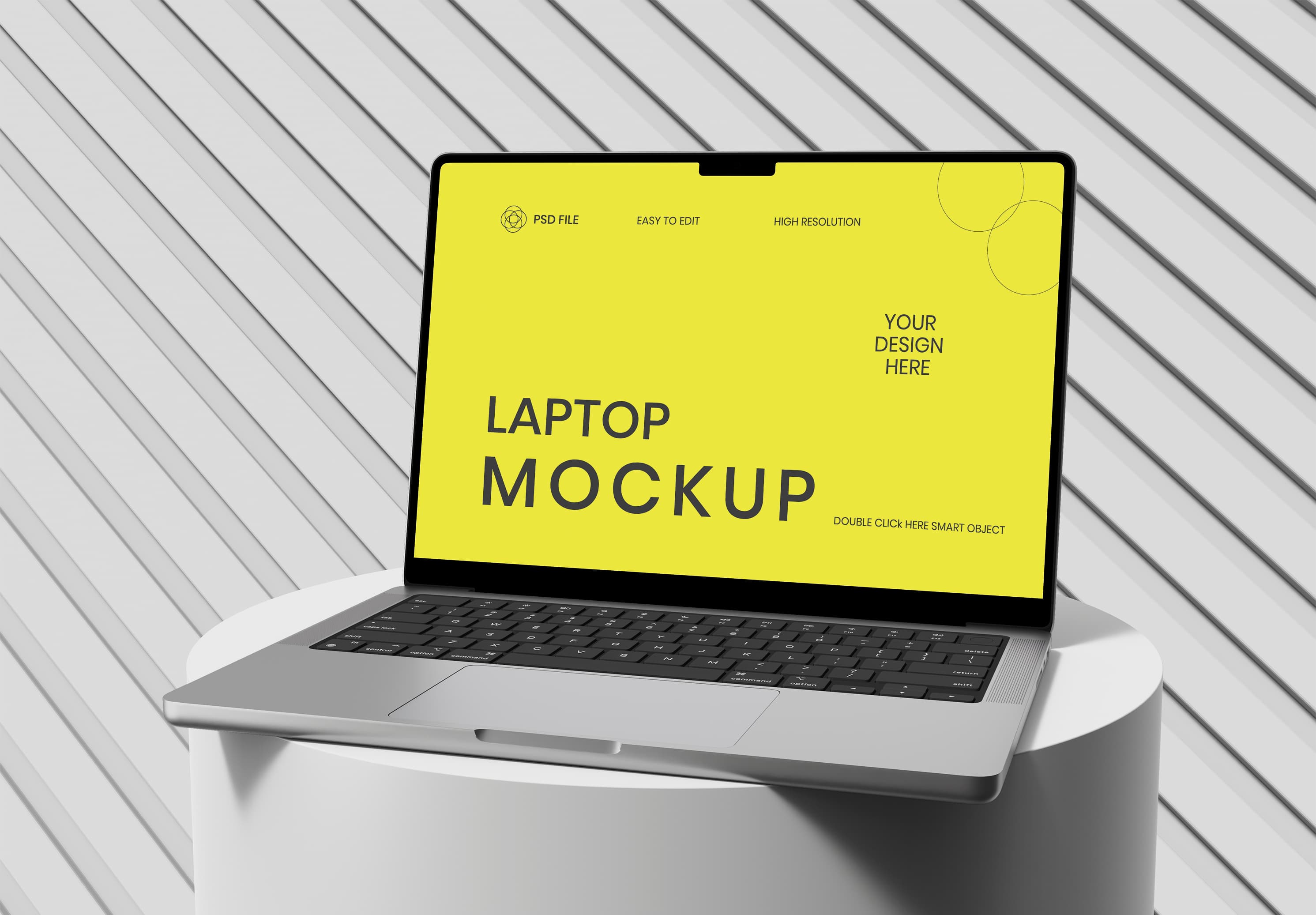 Neon Yellow MacBook Pro Mockup – High Quality Presentation on Modern Pedestal for UI/UX Designers