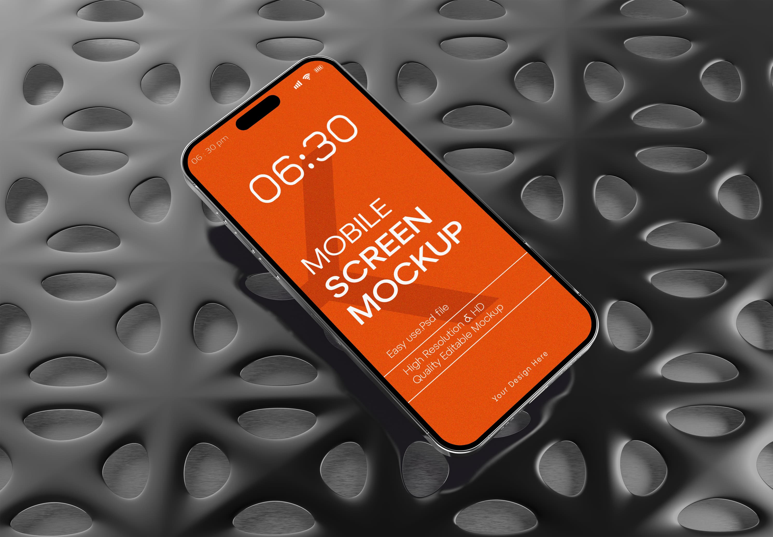 Orange iPhone 15 Pro Mockup – High Quality Mobile Presentation on Textured Metallic Surface