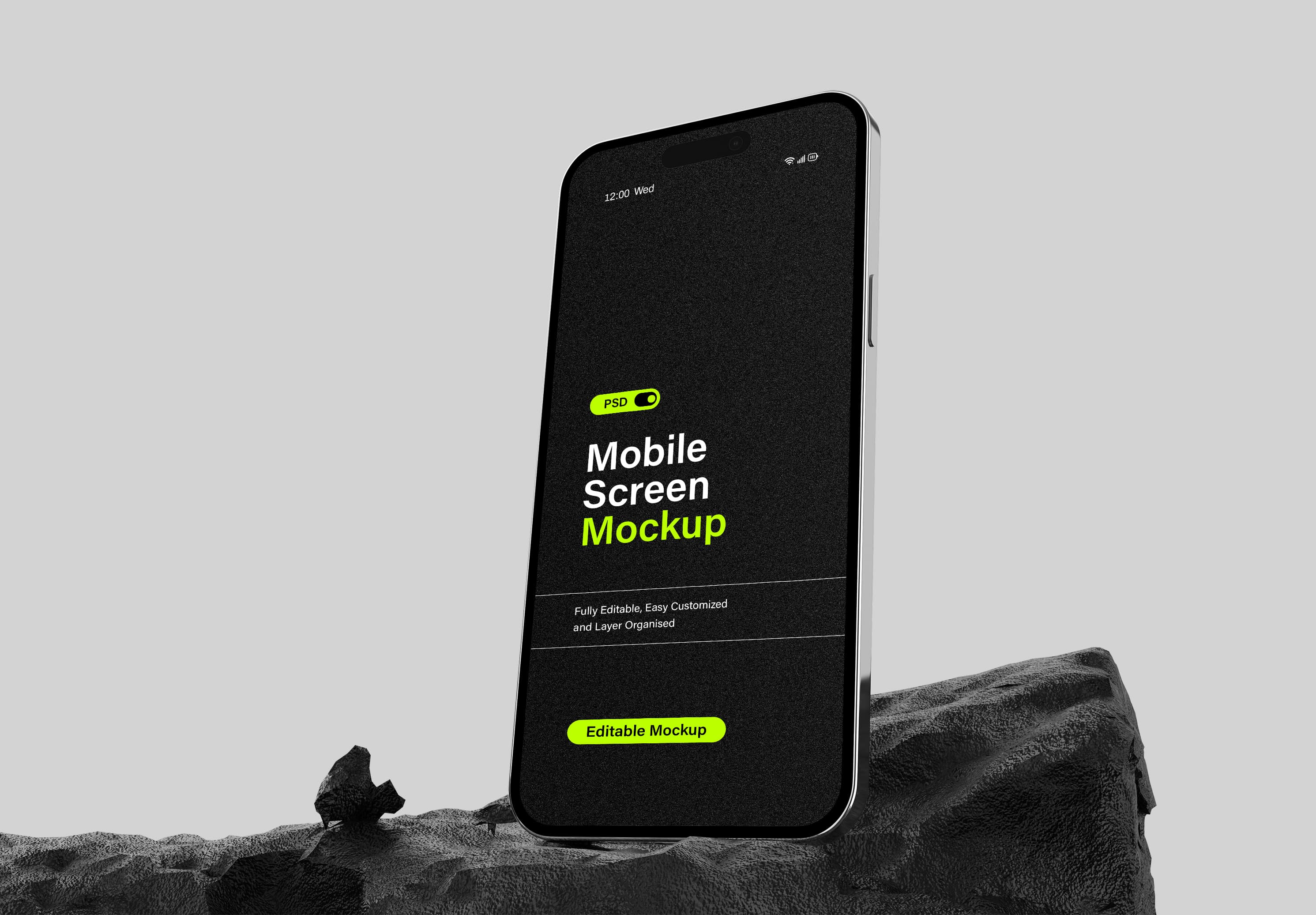 Dark Mode iPhone 15 Pro Mockup – High Quality Presentation on Natural Rock Base for Designers & Brands