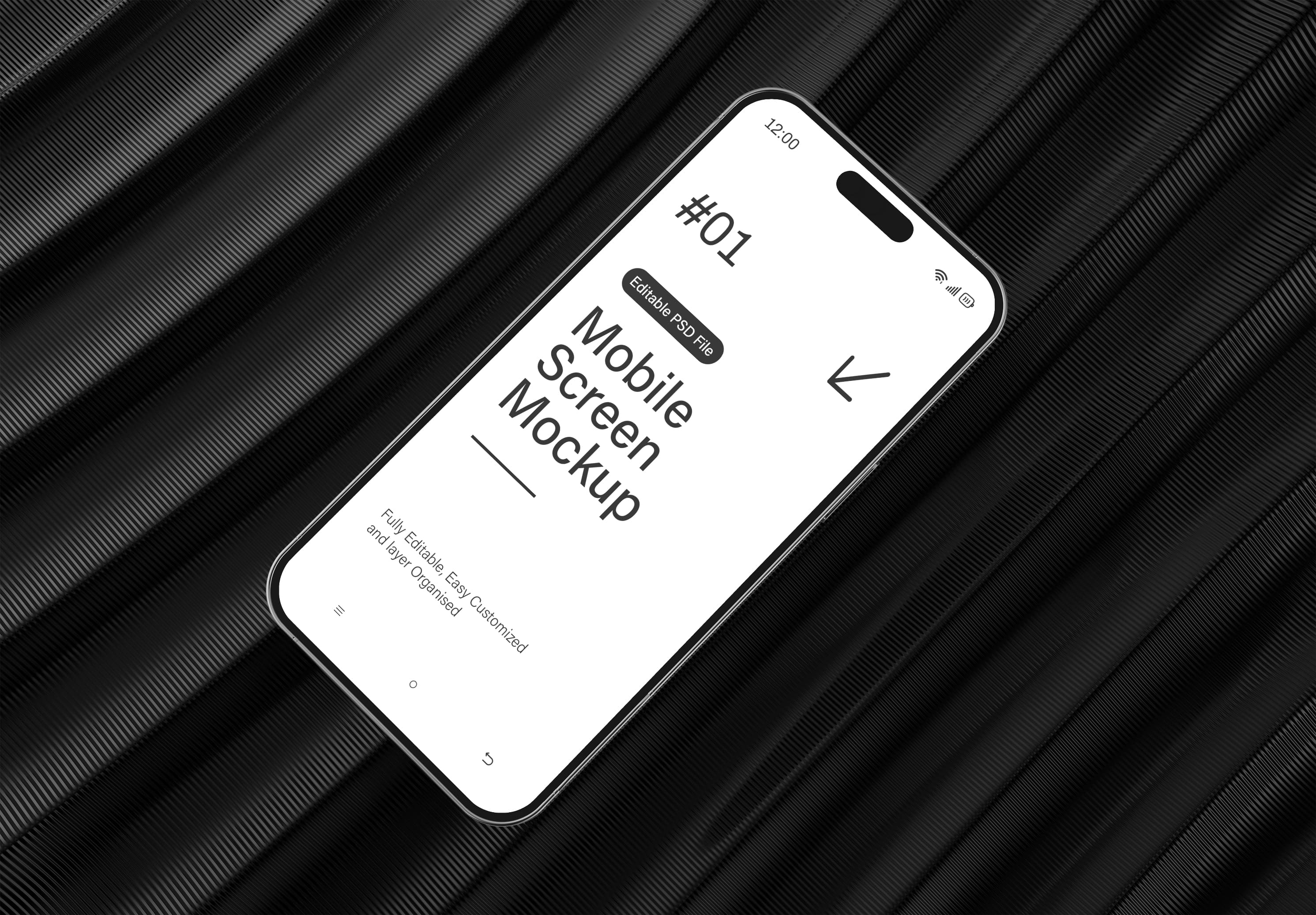 Monochrome iPhone 15 Pro Mockup – High Quality Mobile Presentation on Textured Diagonal Stripes