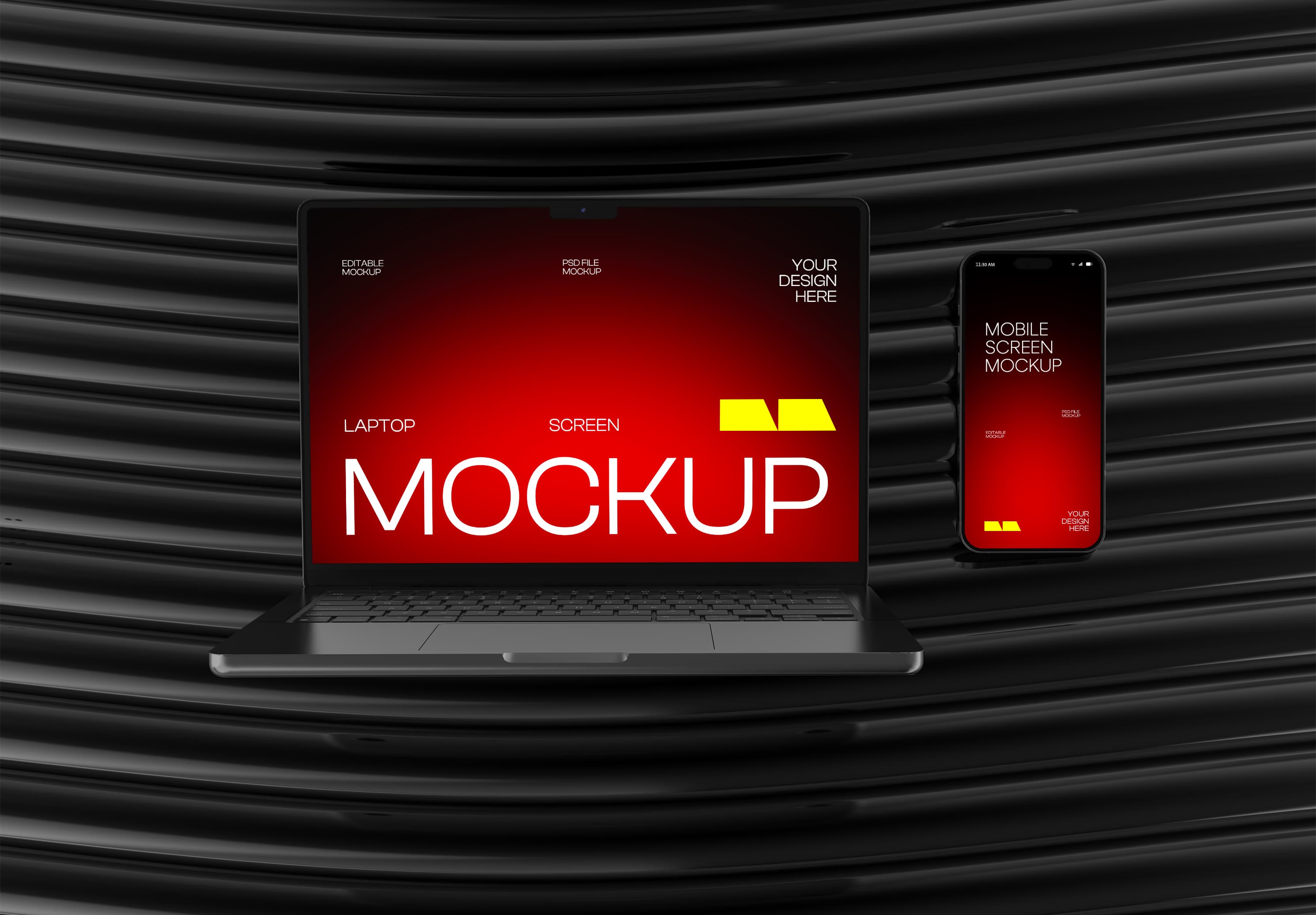 MacBook Pro & iPhone 17 Pro Mockup – Bold Red Dual Screen Presentation on Textured Black Waves