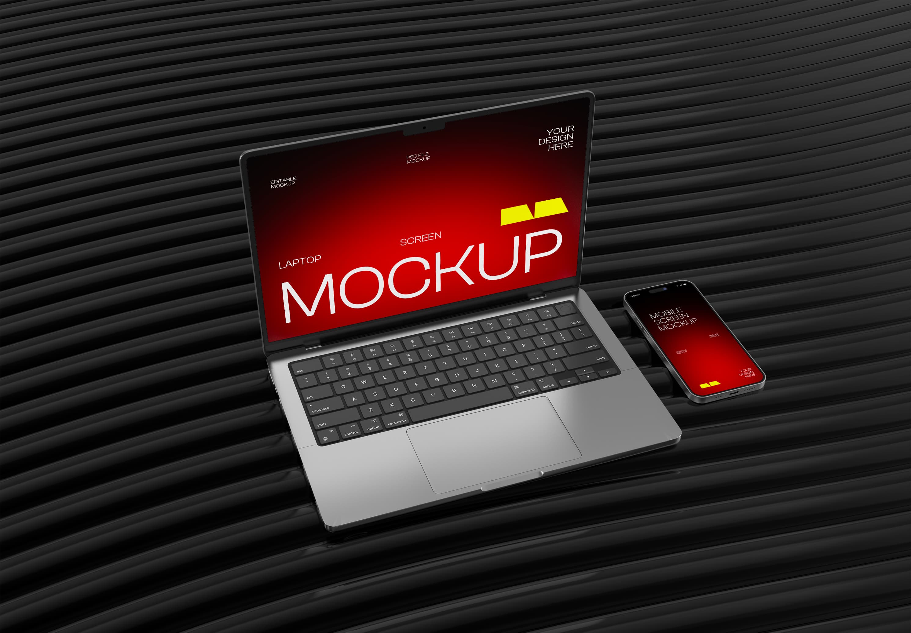 MacBook Air & iPhone 17 Pro Max Mockup – Red Screen Dual Presentation on Sleek Black Ribbed Surface