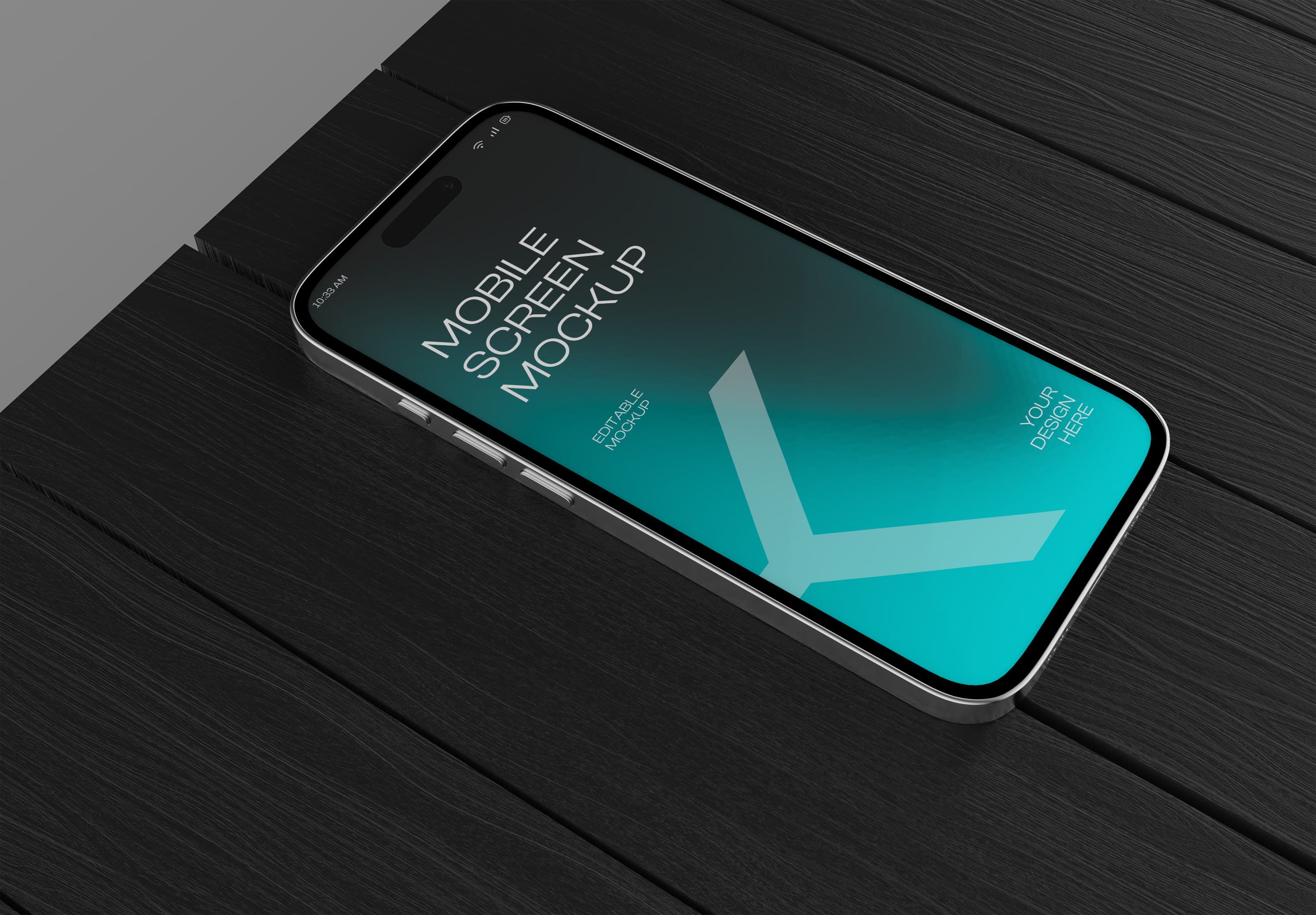 iPhone 15 Pro Mockup – Sleek Single Device on Dark Wood for UI/UX Design