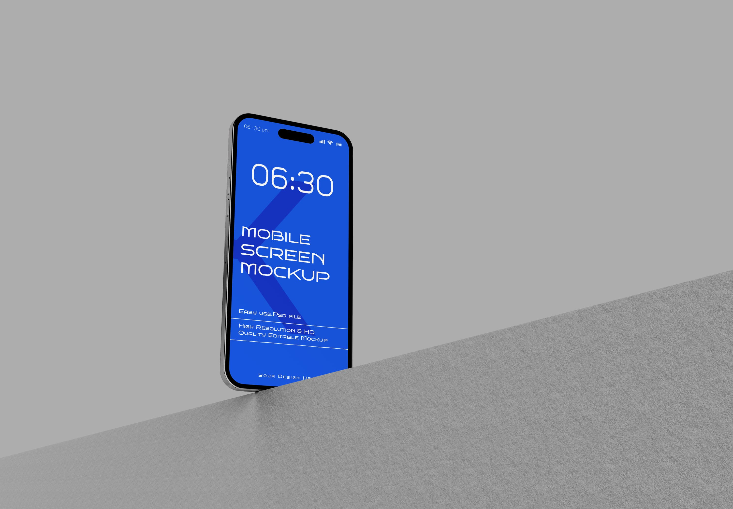 iPhone 15 Pro Mockup – Floating Blue Screen on Minimalist Gray Surface