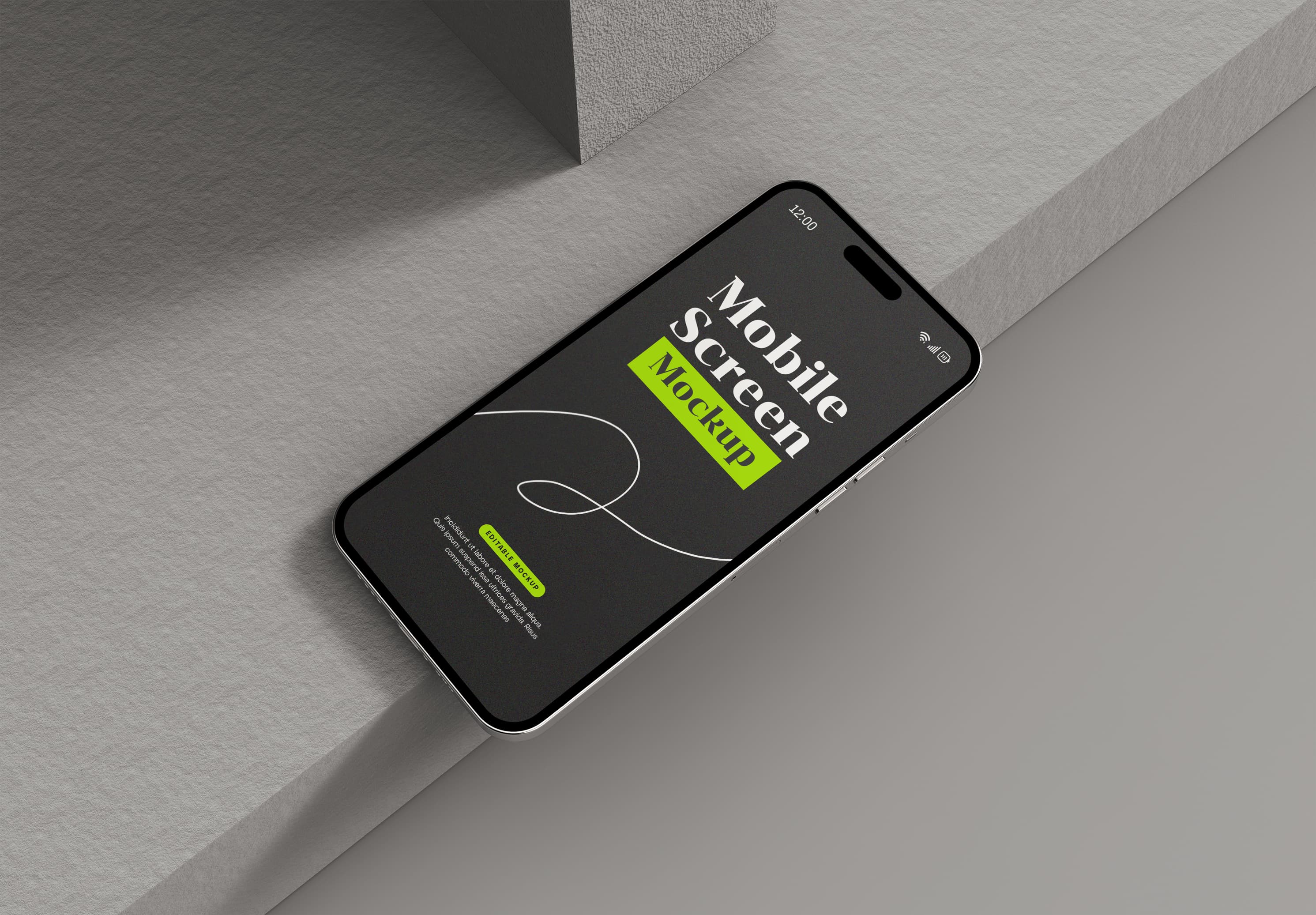iPhone 15 Pro Mockup – Sleek Black Screen with Neon Green Accent on Minimalist Concrete Surface
