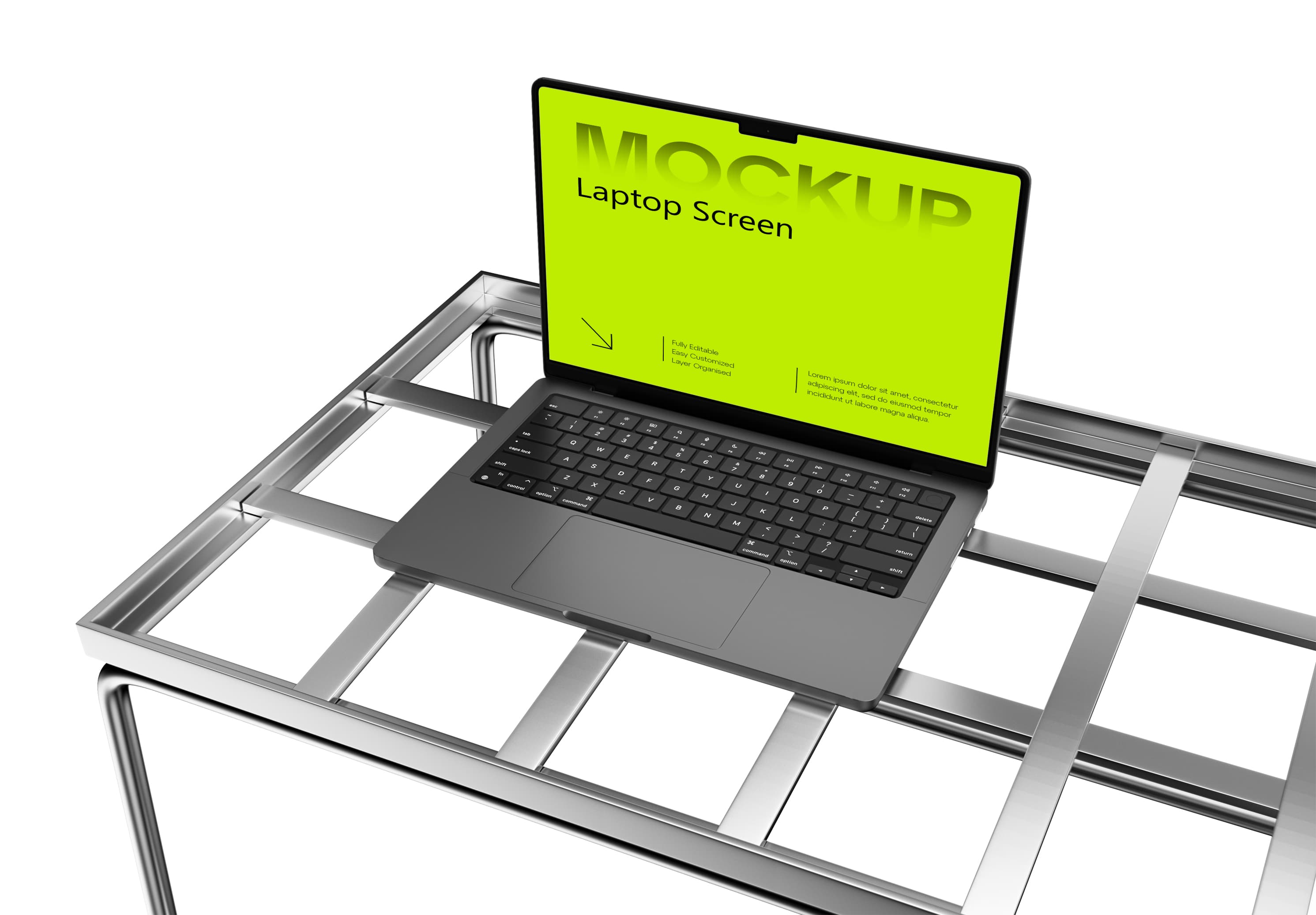 MacBook Pro Mockup – Bright Green Screen on Sleek Metal Grid Table