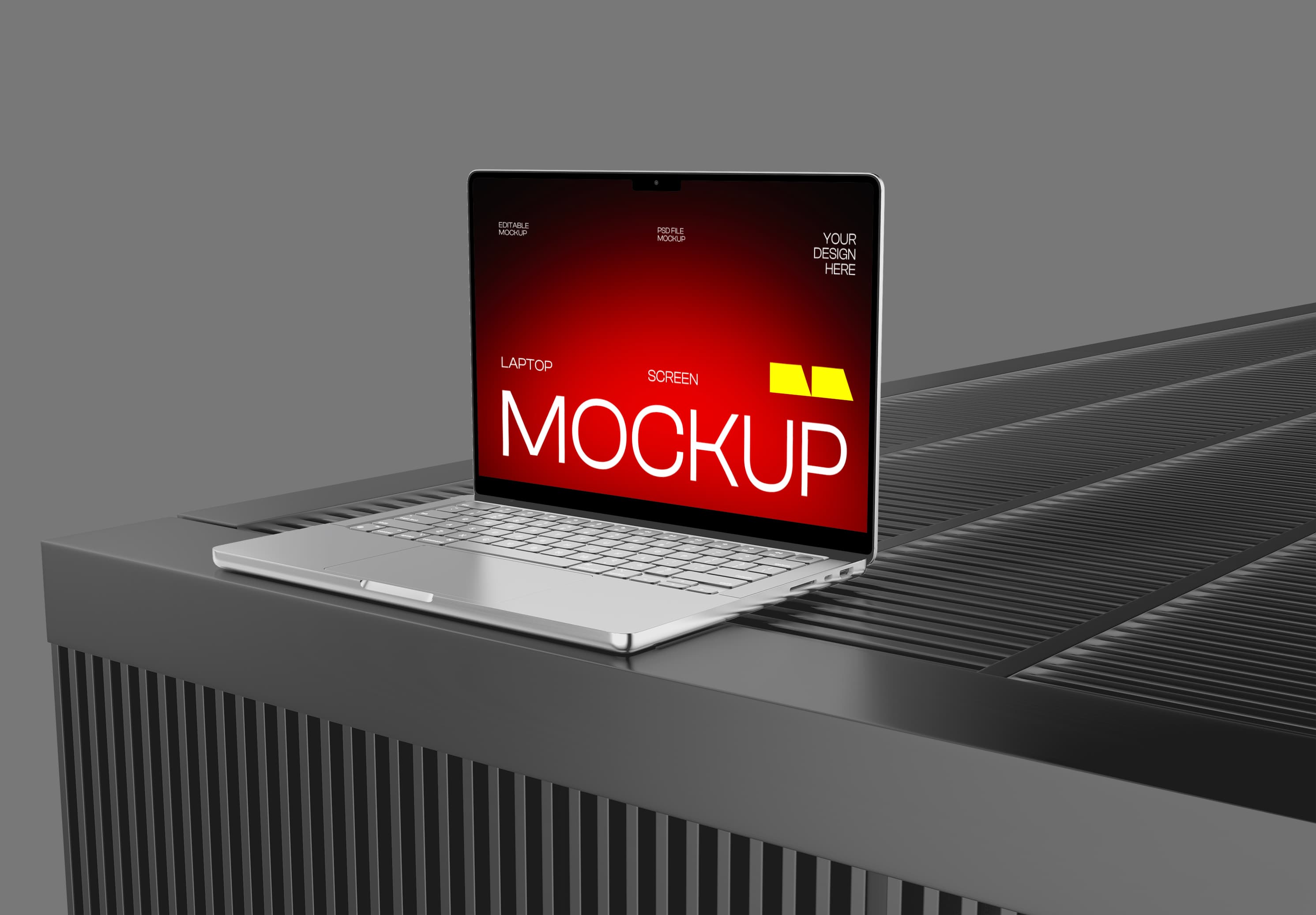 MacBook Pro Mockup – Bold Red Screen on Textured Gray Grid Surface