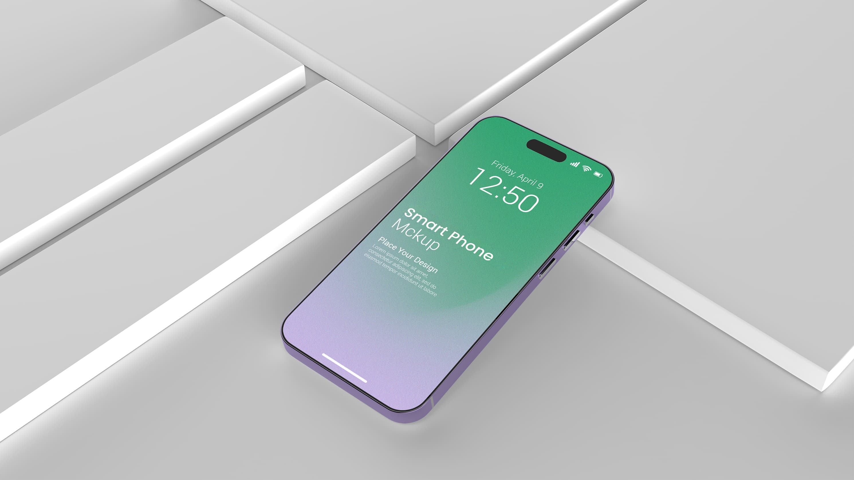 Minimalist Smartphone Mockup on Geometric Blocks – Green to Purple Gradient