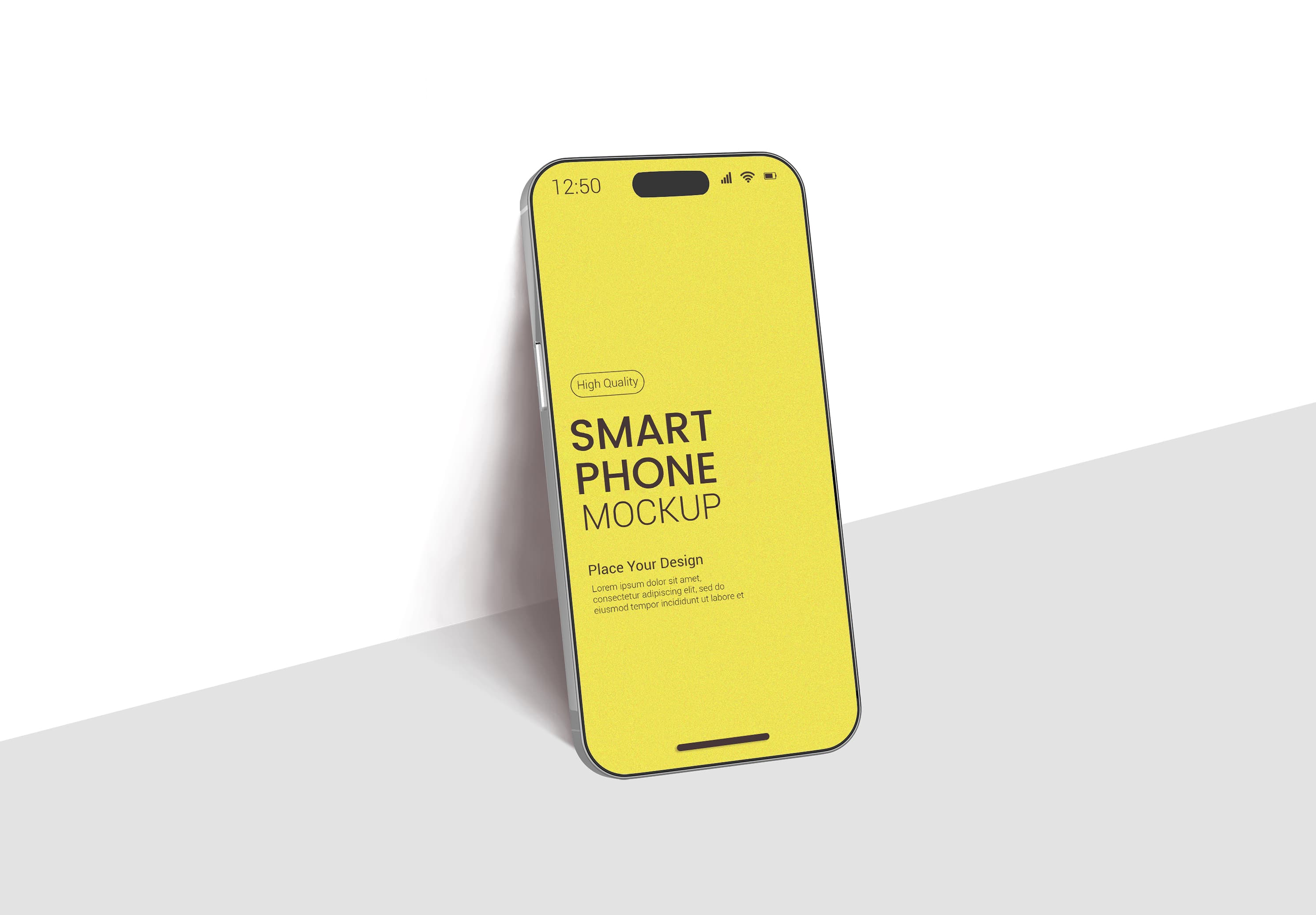 Bright Yellow Smartphone Mockup Leaning on White Wall – High Quality