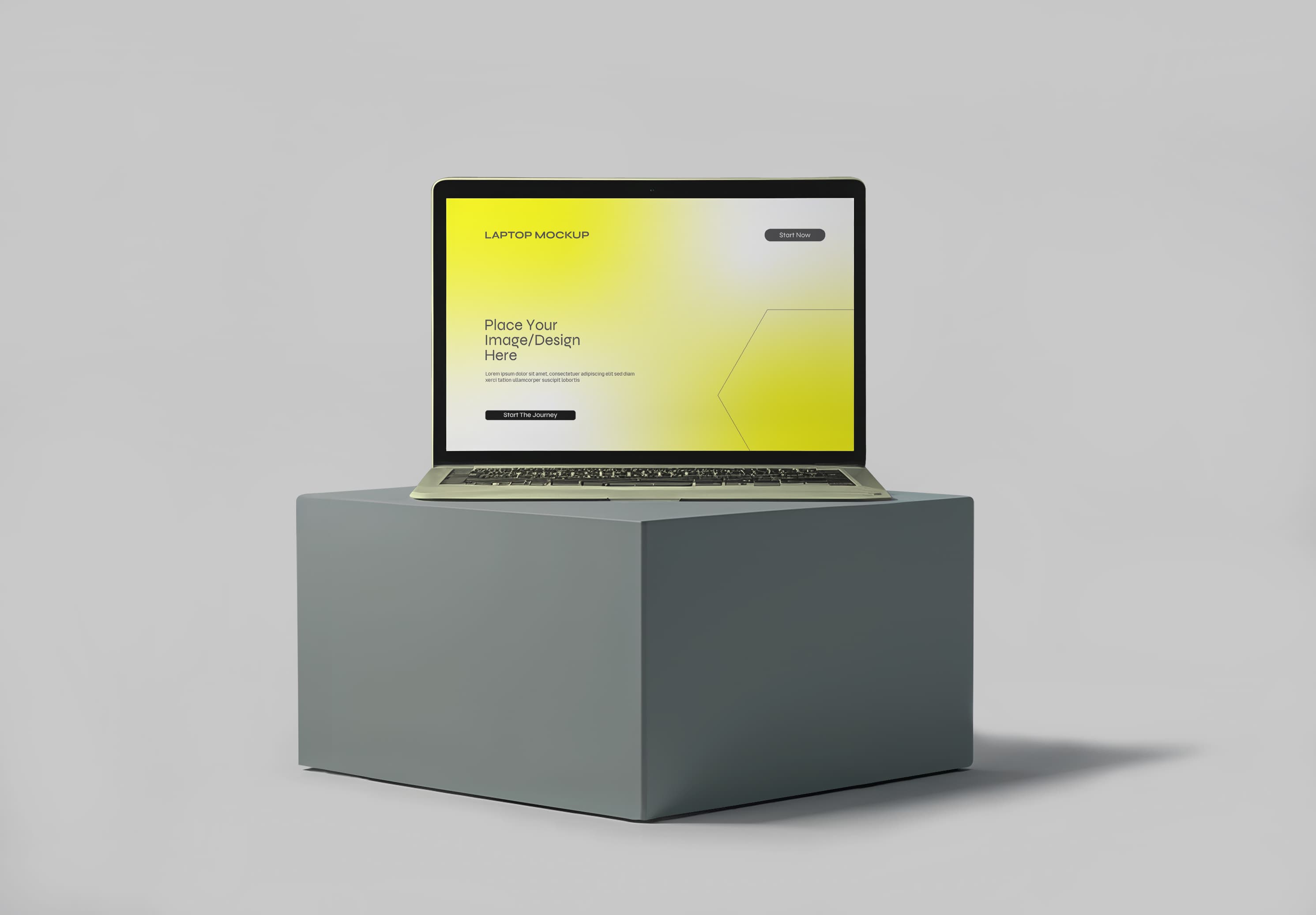 MacBook Air Mockup – Golden Yellow Gradient Screen on Minimalist Gray Pedestal