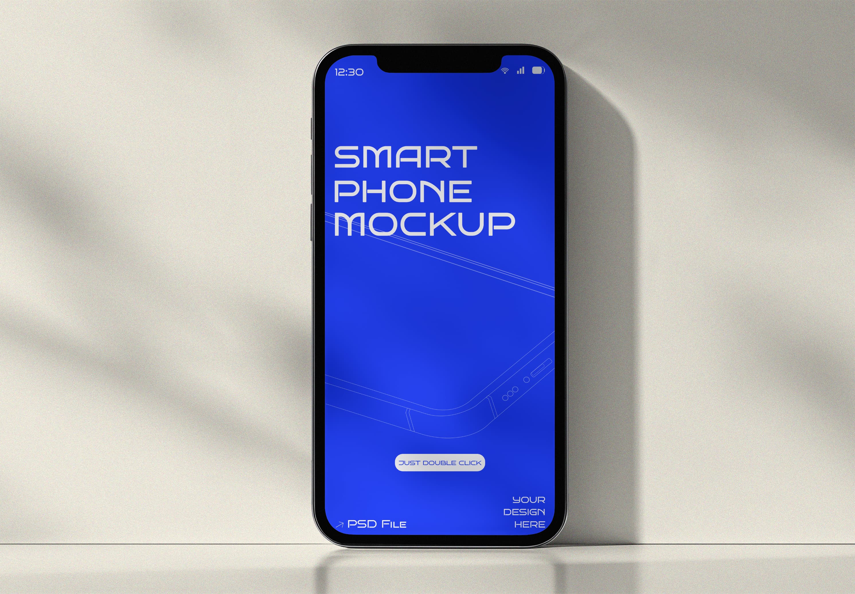 iPhone 11 Mockup – Electric Blue Screen with Soft Shadow Lighting on White Surface