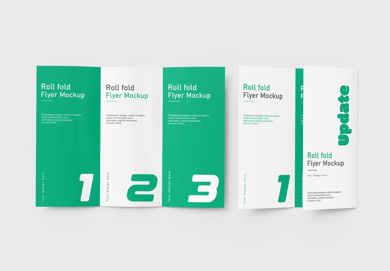 Green & White Roll Fold Flyer Mockup Set with Panel Numbering