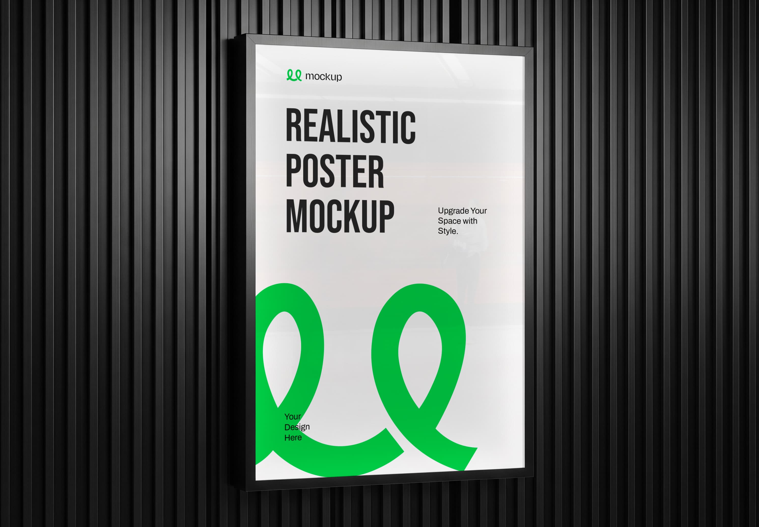 Realistic Framed Poster Mockup – Modern Black Slat Wall Display