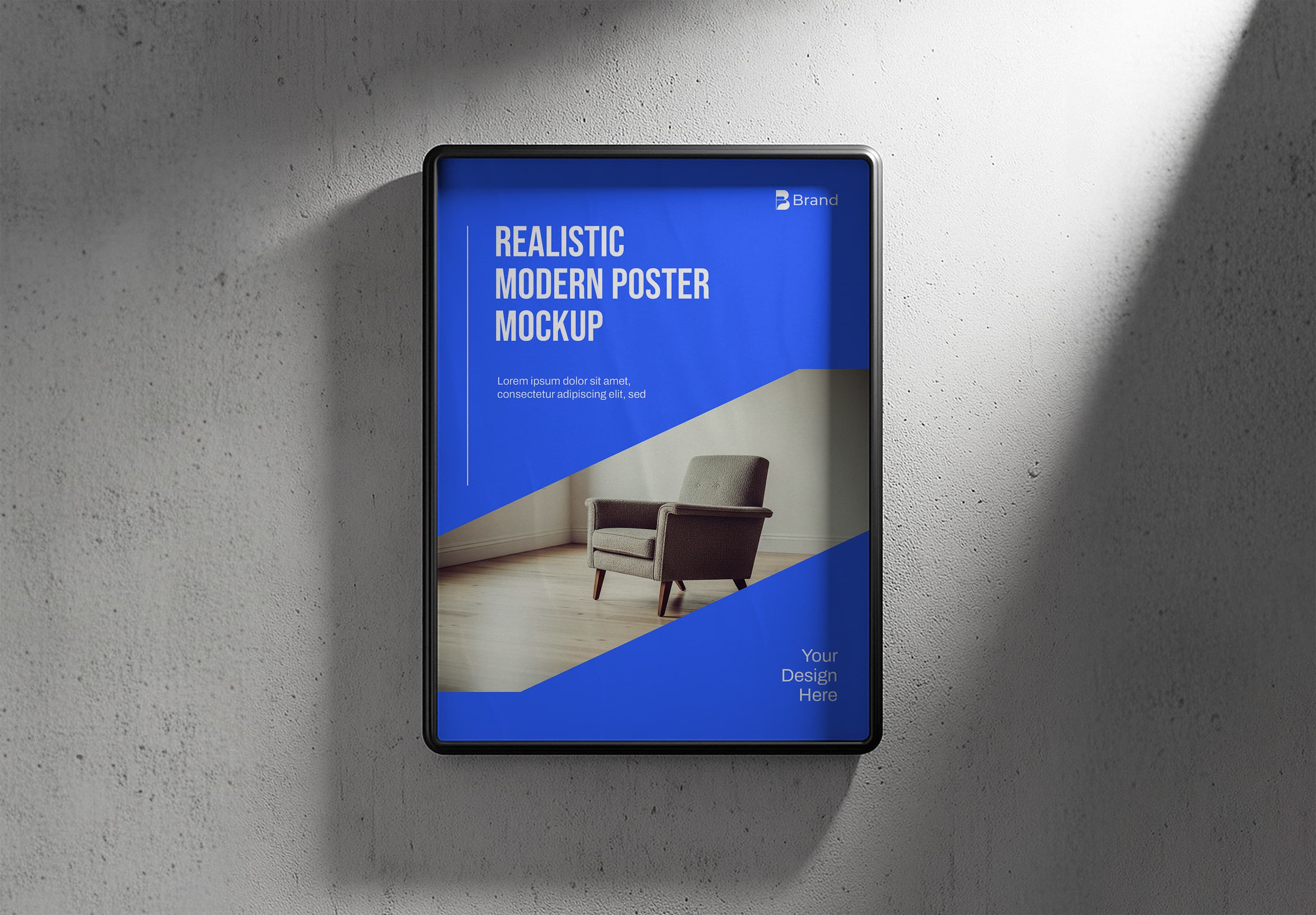Modern Poster Mockup – Blue Design on Concrete Wall with Dramatic Lighting