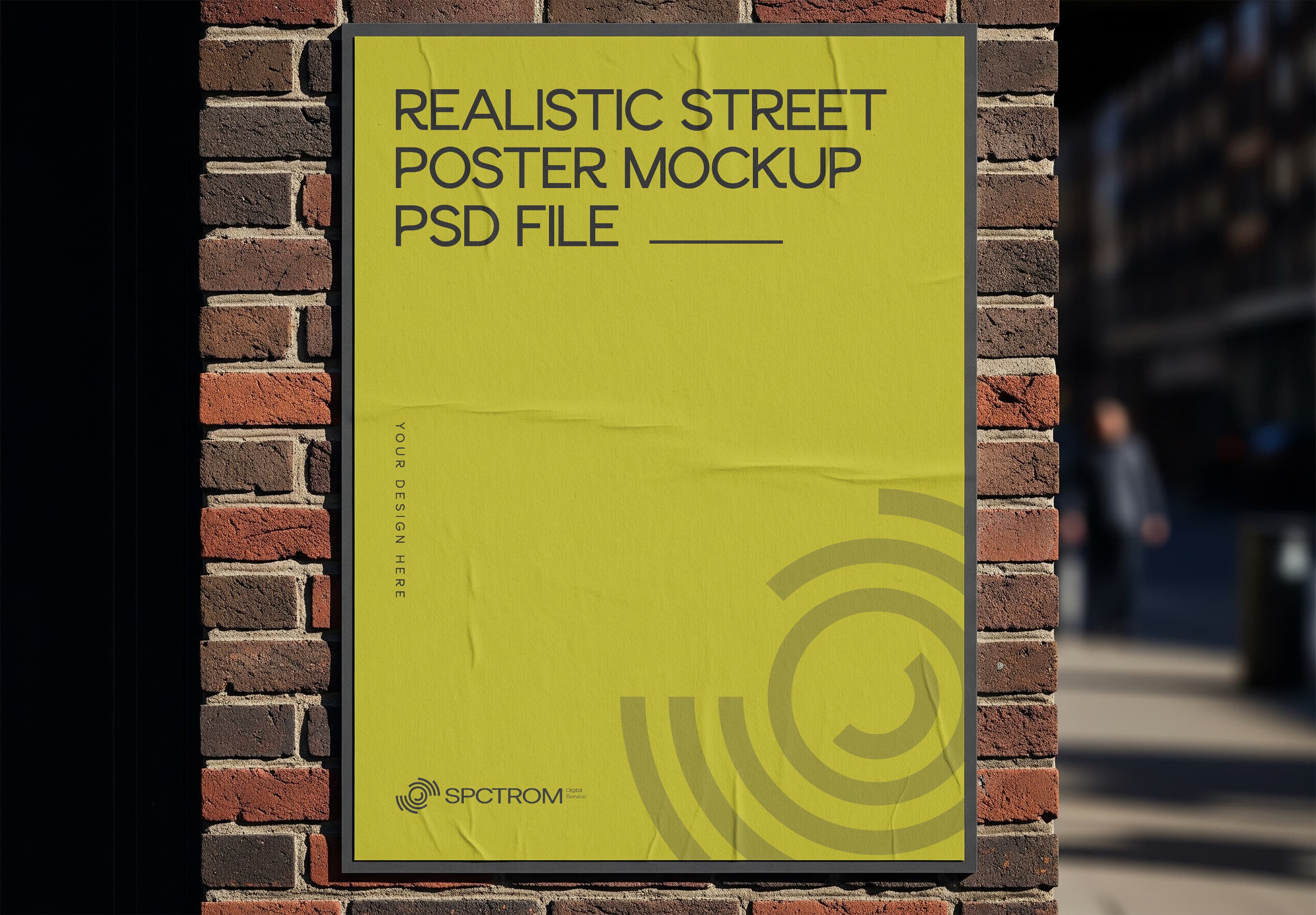 Realistic Street Poster Mockup – Crumpled Yellow Paper on Brick Wall
