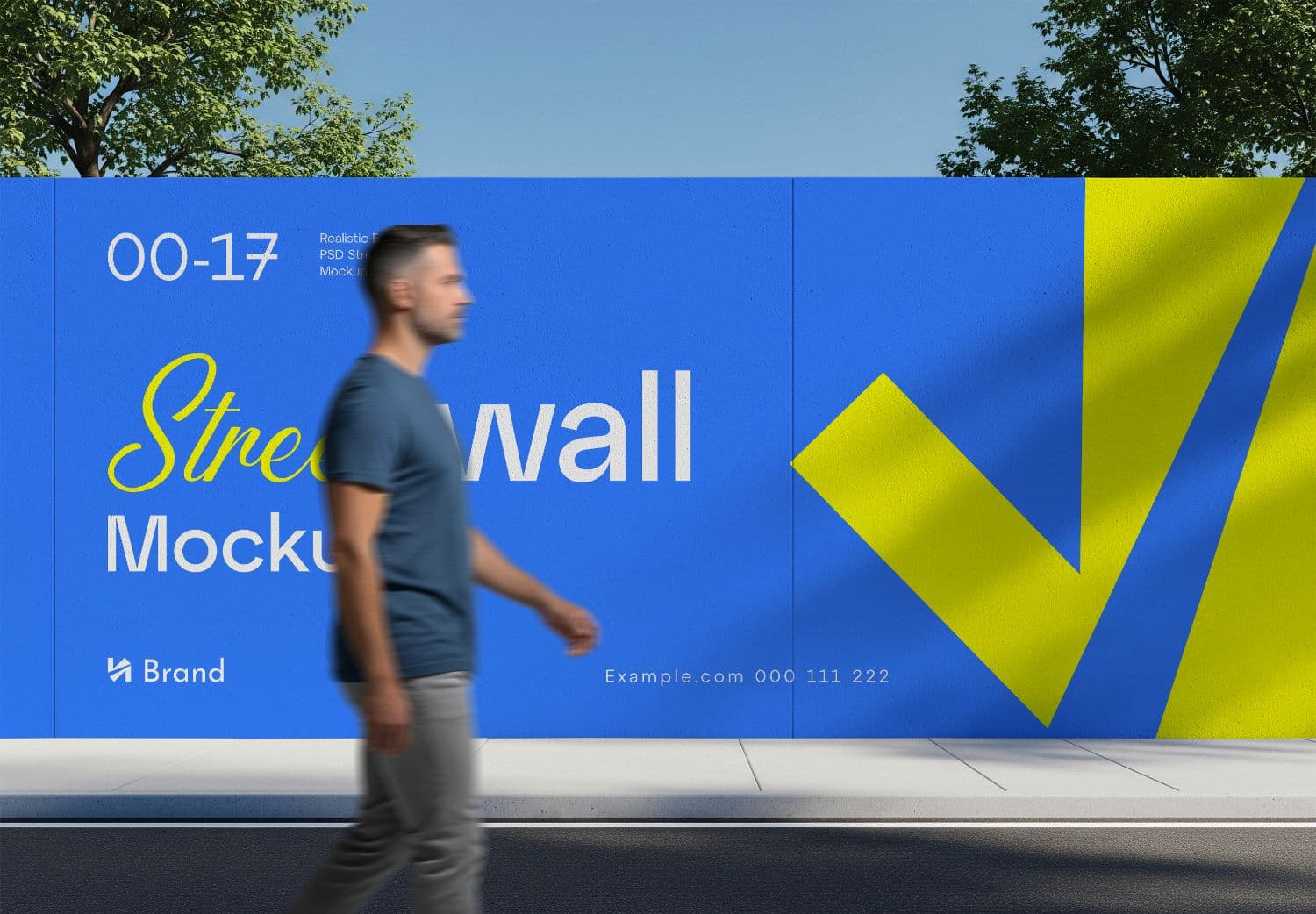 Dynamic Street Wall Mockup with Pedestrian – Editable PSD for Real-World Branding Impact