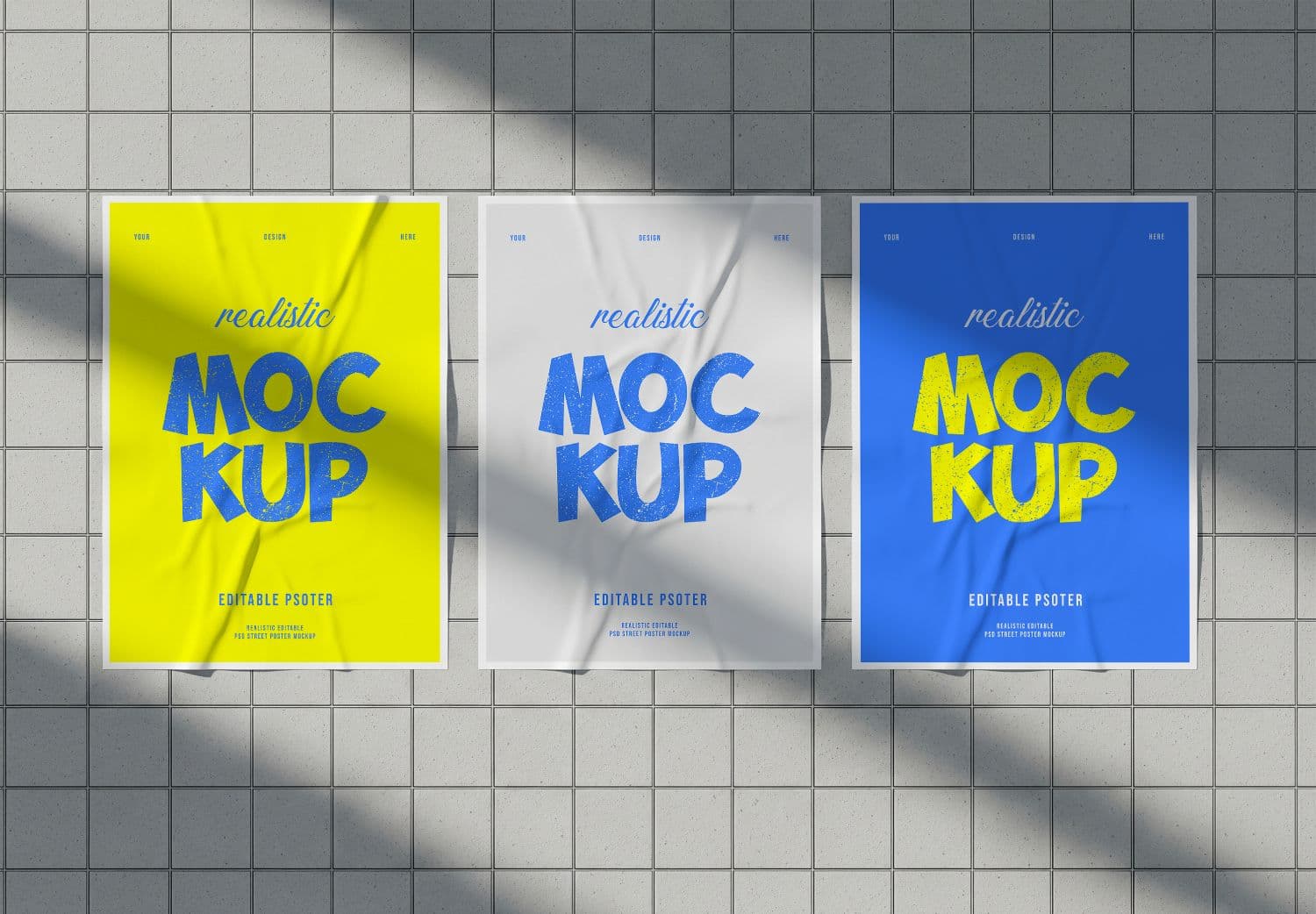 3 Realistic Street Poster Mockups on Tiled Wall – Editable PSD Templates