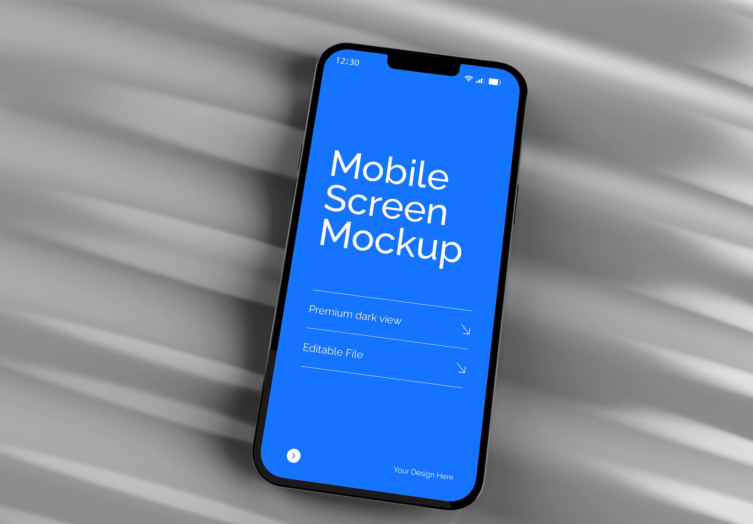 High Quality Blue Mobile Screen Mockup – Dark View on Sculpted Gray Background