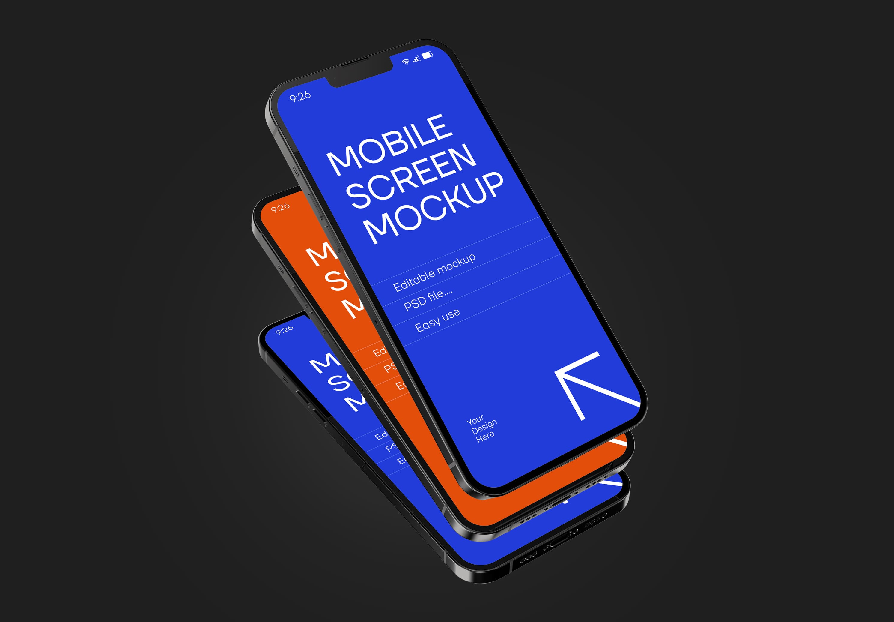 Stacked Mobile Screen Mockup – Blue & Orange Edition on Black Background