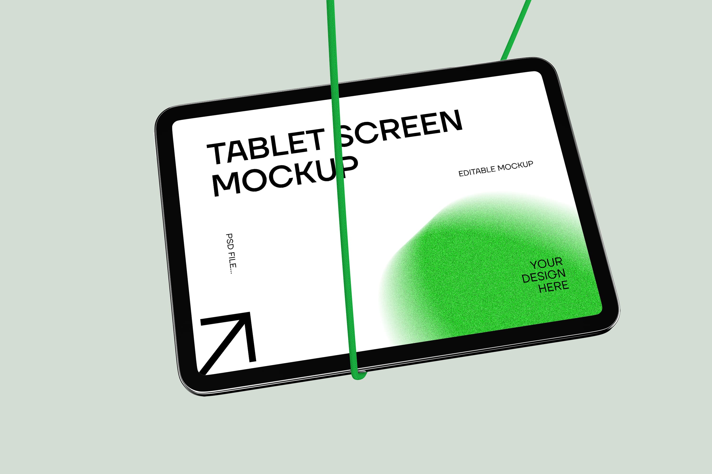 Hanging Tablet Screen Mockup – Suspended with Green Cord on Soft Background