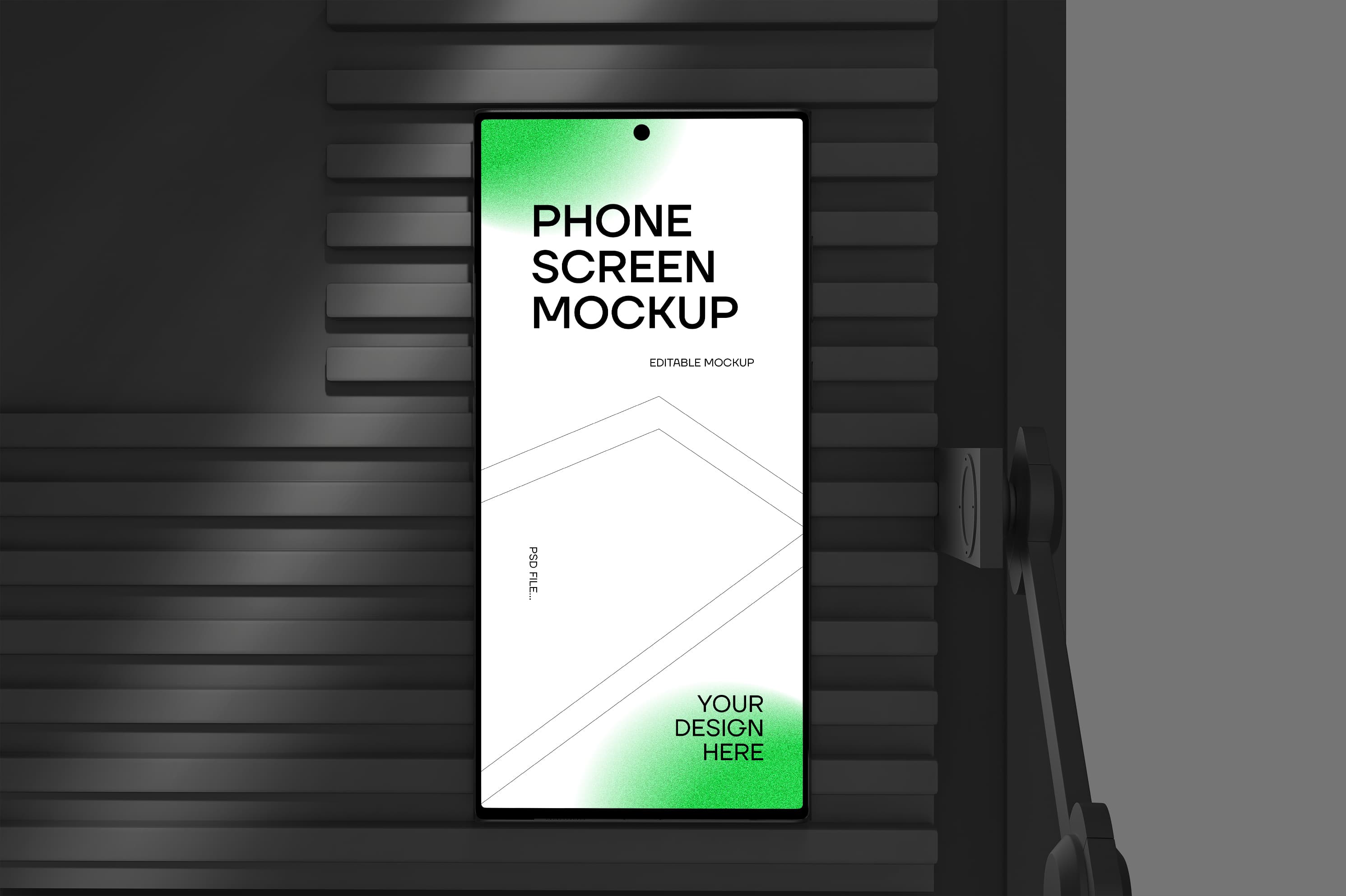 Vertical Phone Screen Mockup – Mounted on Ribbed Dark Wall with Green Accent