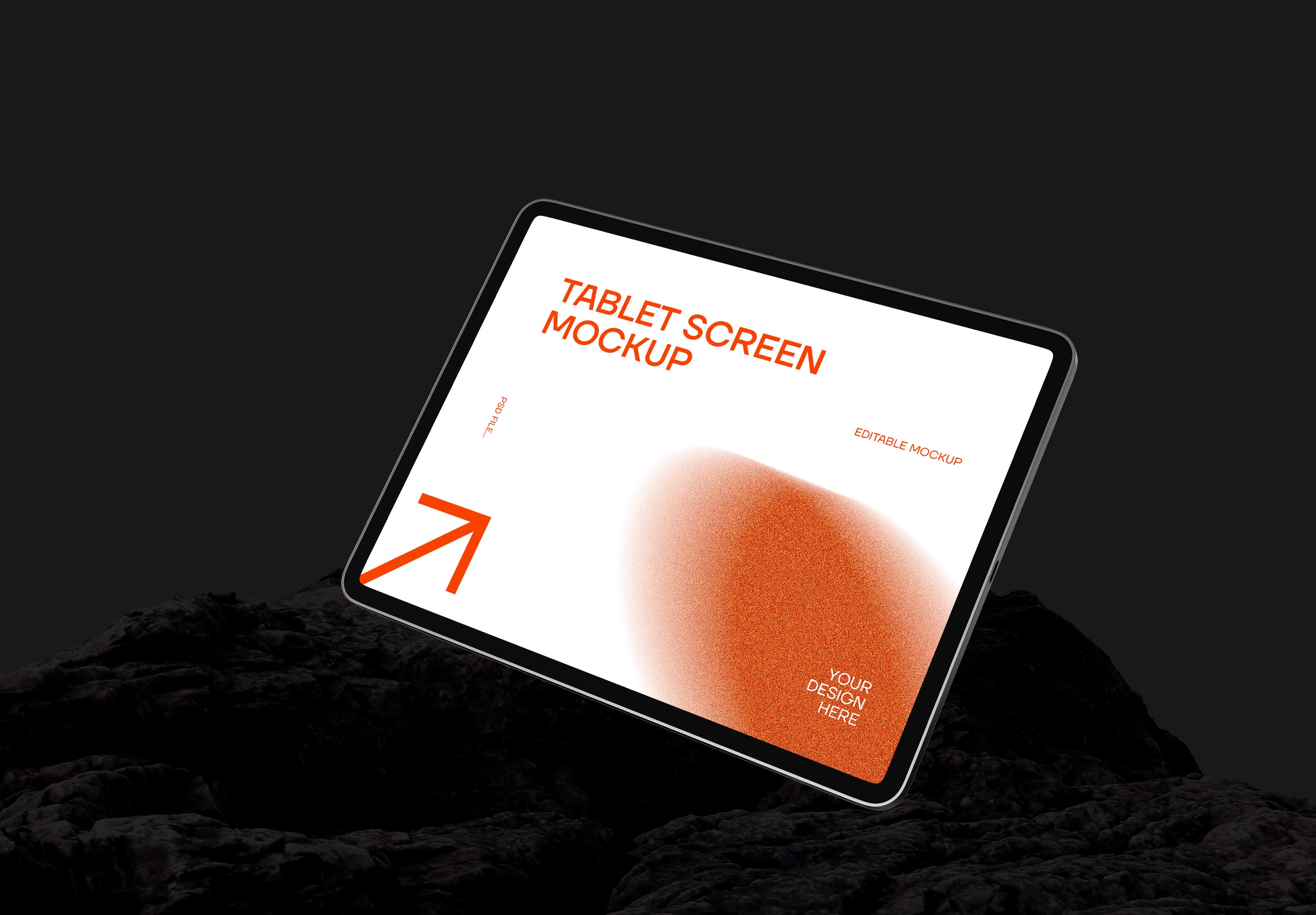 Modern Tablet Screen Mockup – Editable PSD with Dark Background & Rock Texture