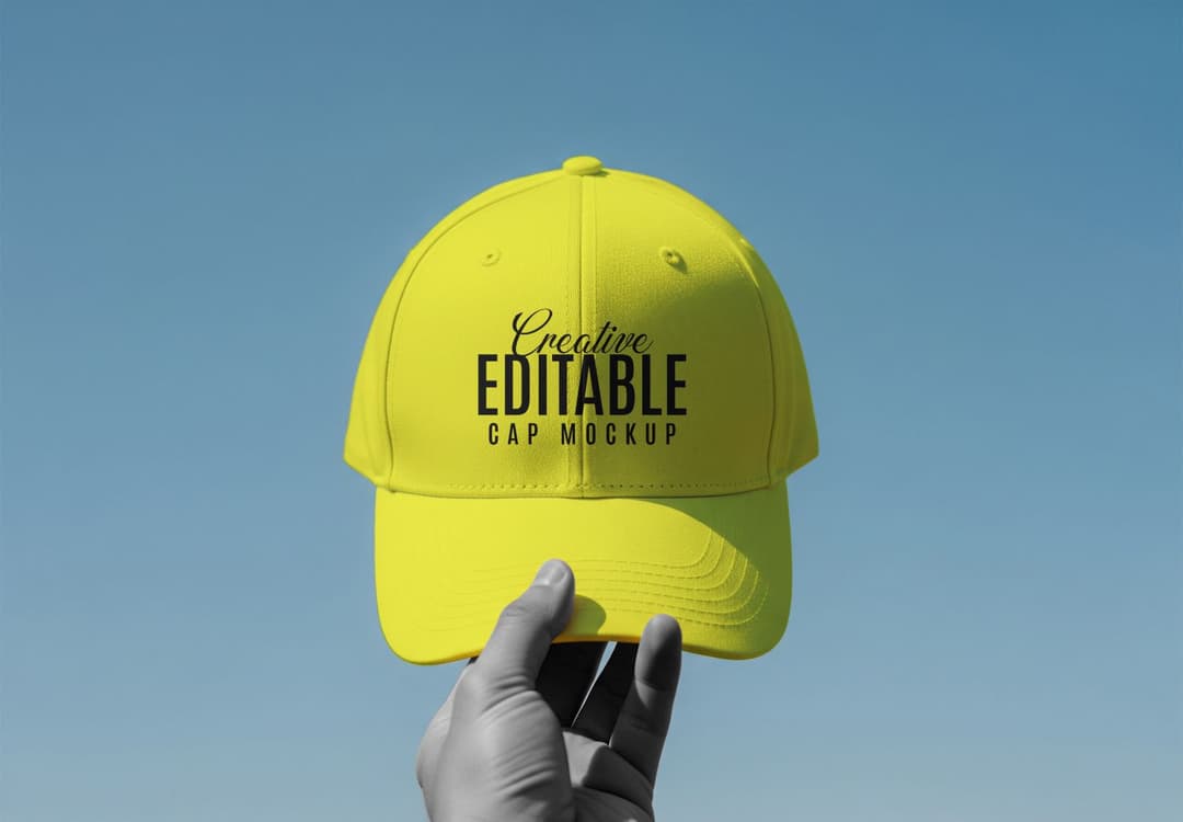Yellow Cap Mockup Held Against Blue Sky