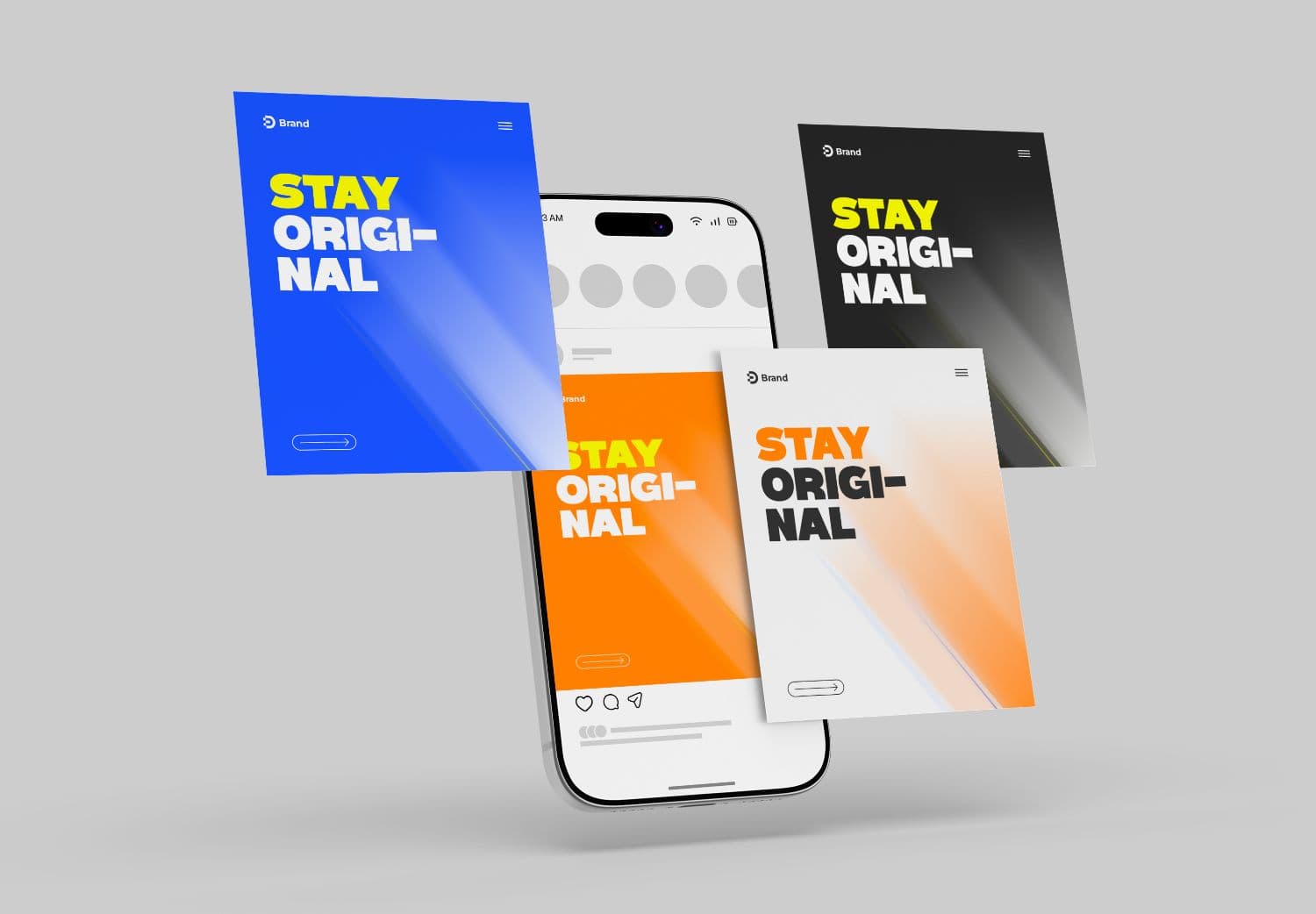 Smartphone Social Media Post Mockup with Four Floating Cards