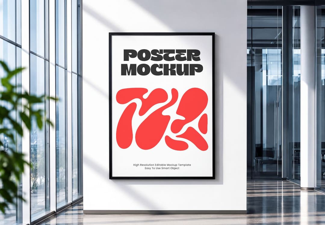 Framed Poster Mockup in Bright Modern Office Lobby