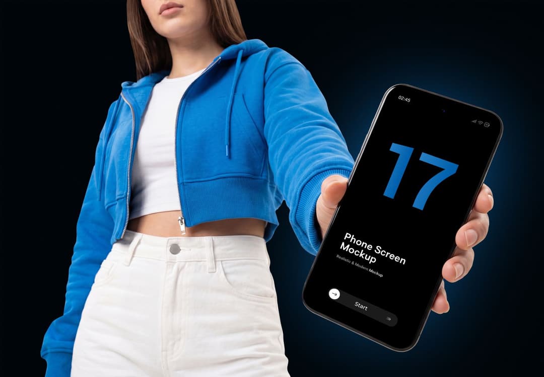Realistic Phone Screen Mockup Held by Woman in Blue Jacket