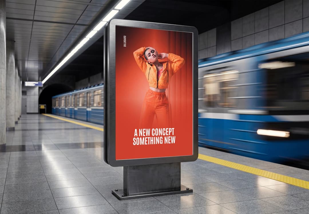 Realistic Subway Station Billboard Mockup with Moving Train