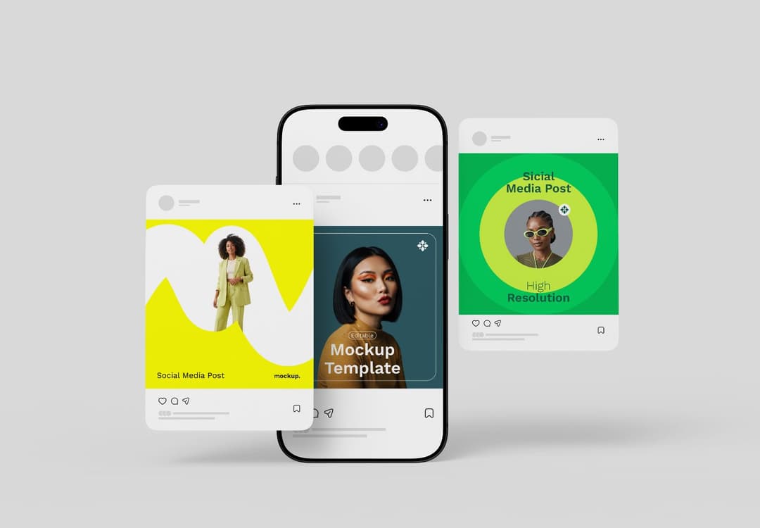 Multi-Post Smartphone Social Media Mockup with Overlapping Floating Cards