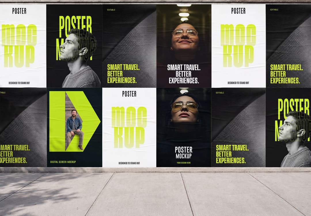Wide Outdoor Wall Poster Mockup with Multiple Street-Level Panels