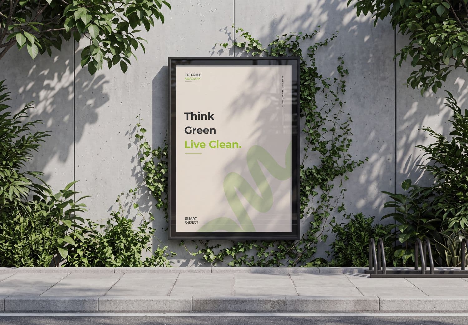 Outdoor Poster Billboard Mockup in Greenery and Concrete Wall