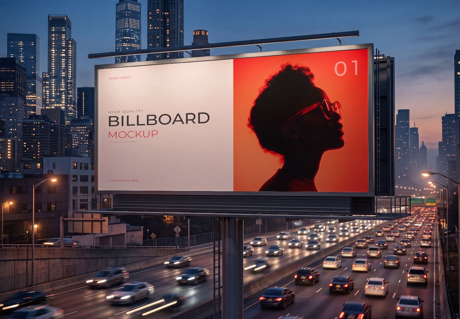 Highway Billboard Poster Mockup with Night Traffic and City Lights