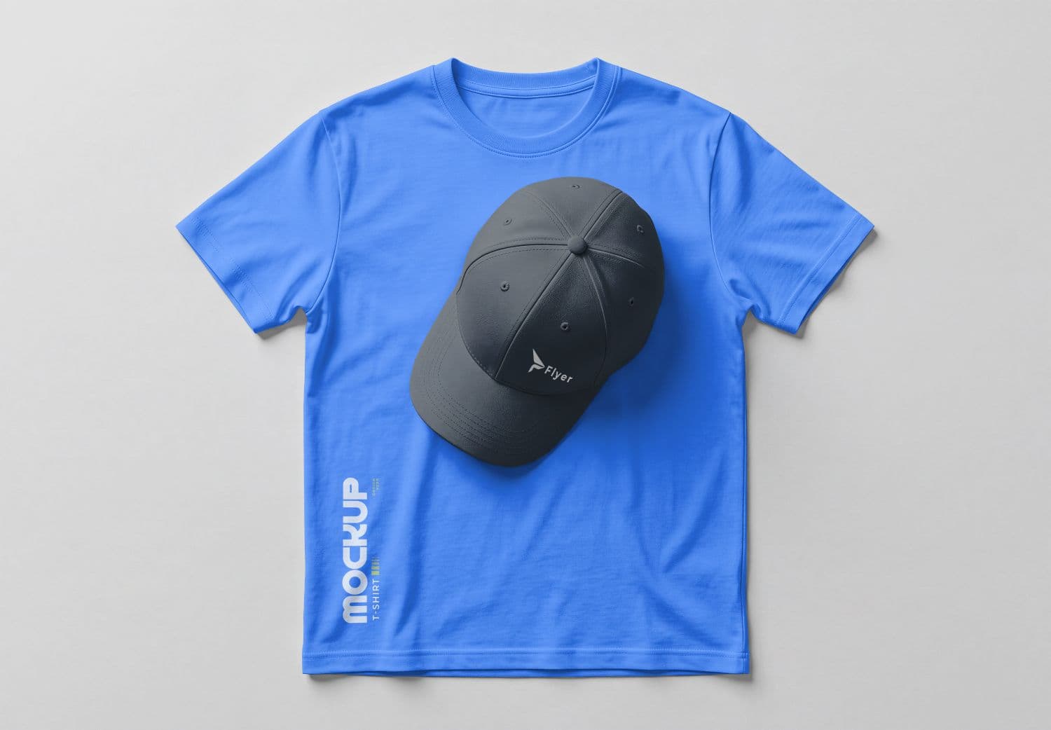 Blue T-Shirt Flat Lay Mockup with Black Cap Accessory
