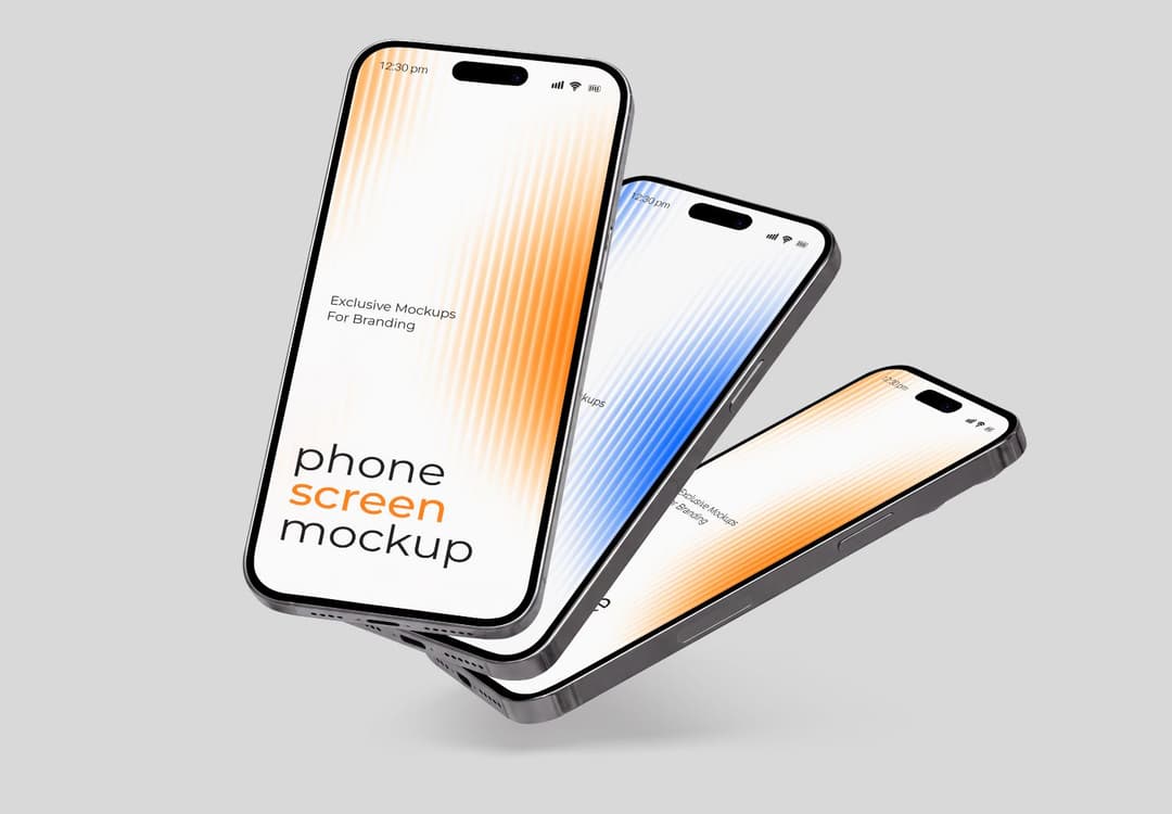 Multiple Phone Screen Mockup with Overlapping 3D Mobile Presentation