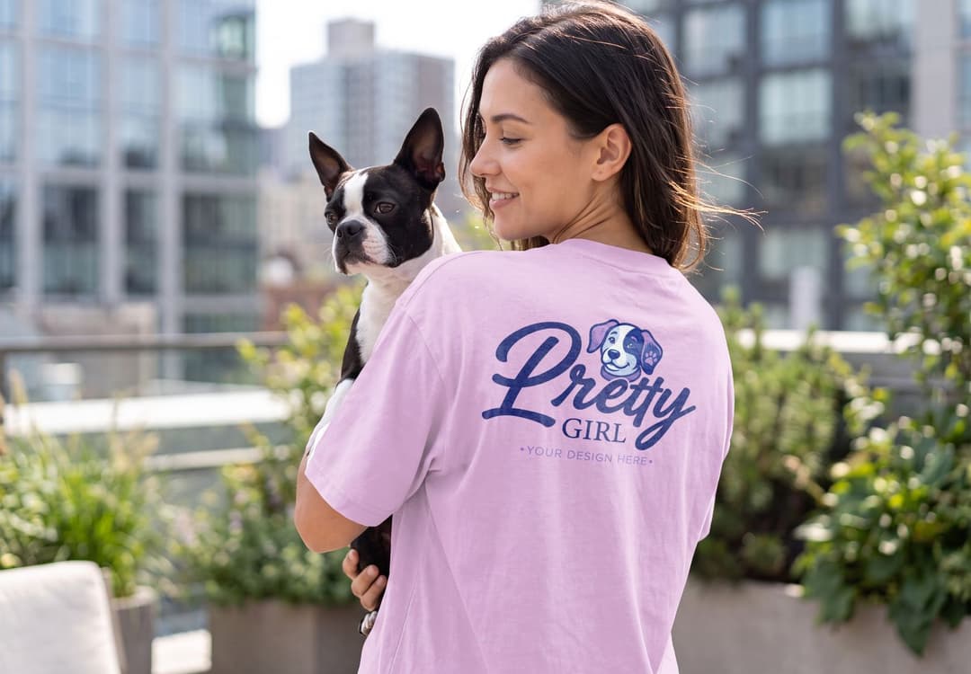 Women’s T-Shirt Back Mockup with Dog and Urban Outdoor Background