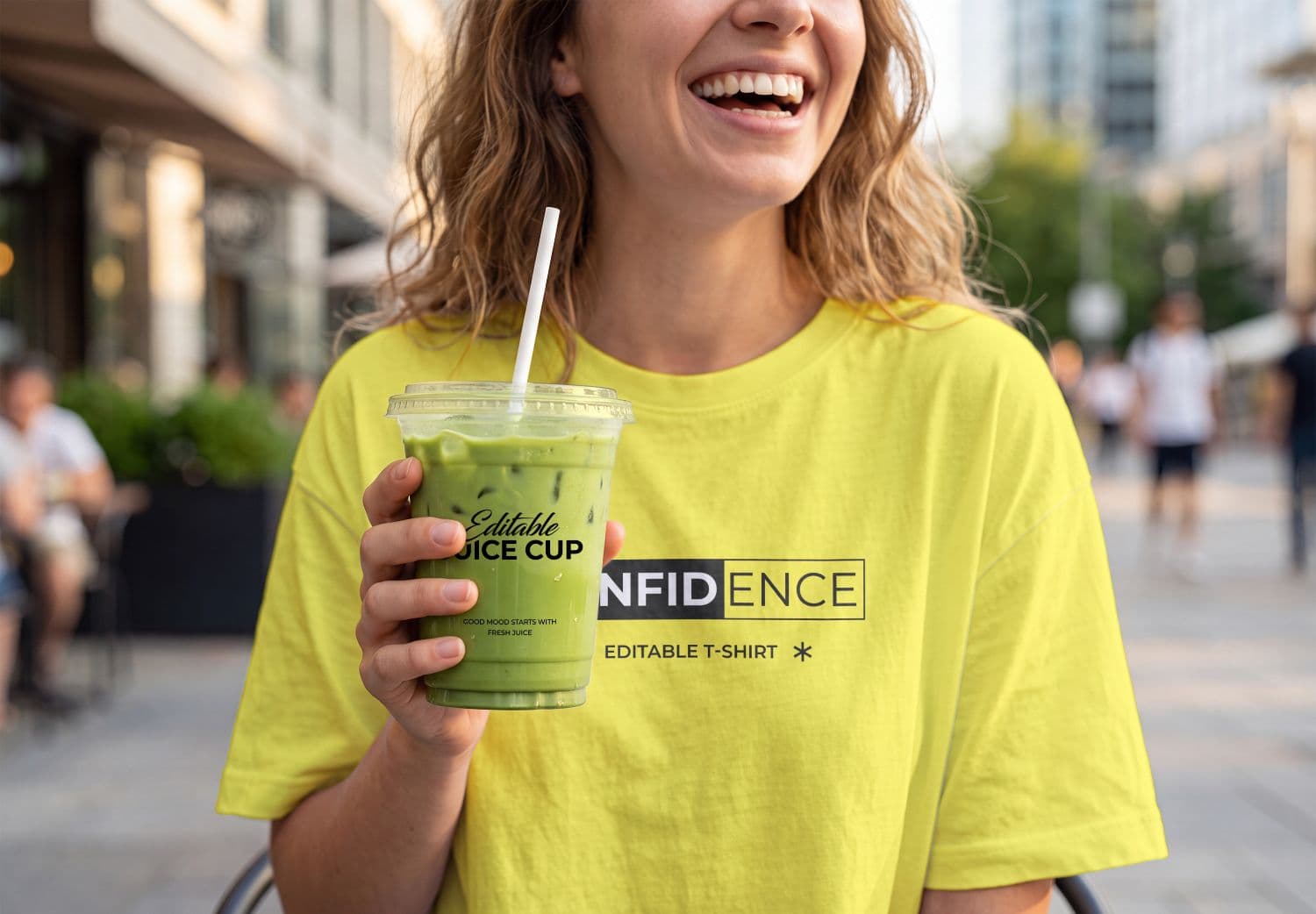 Lifestyle T-Shirt Mockup with Green Juice Cup and City Background