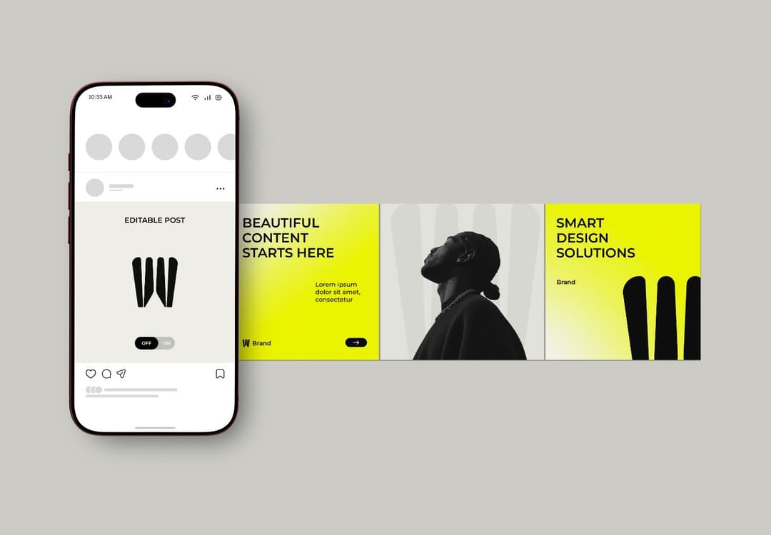 Social Media Post Mockup with Smartphone and Connected Content Panels